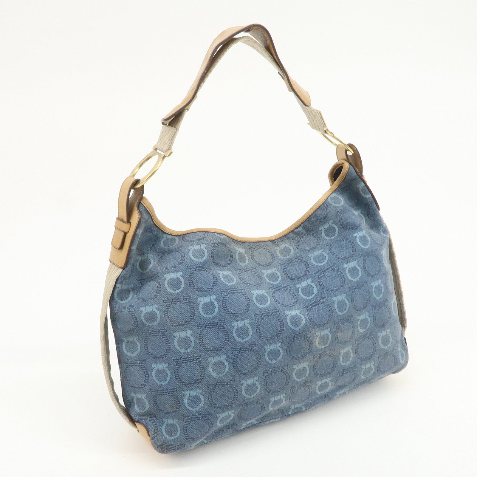 Ferragamo Gancini Canvas Leather Shoulder Bag Hand Bag Blue Beige