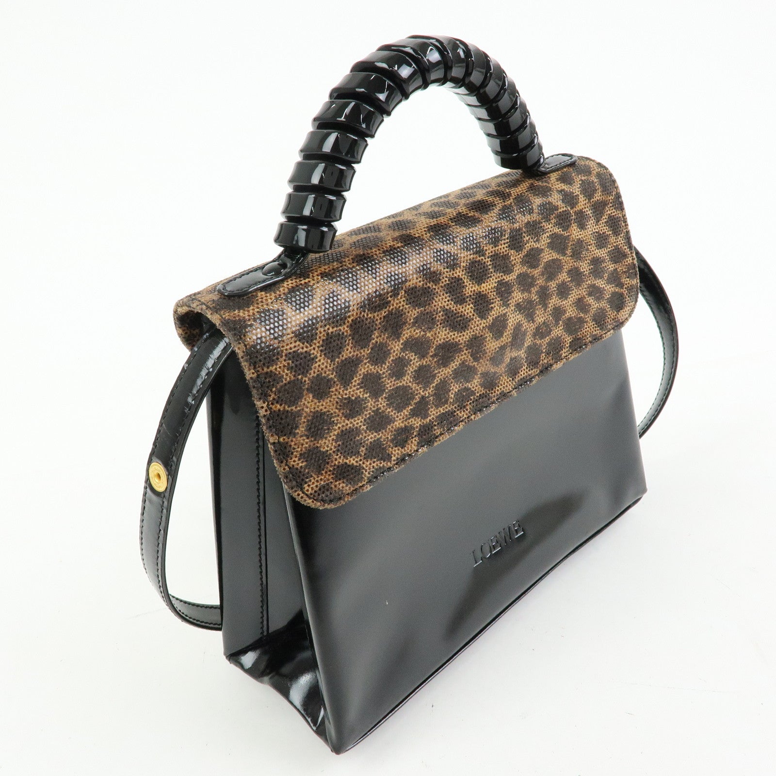 LOEWE Velazquez Patent Leather 2Way Hand Shoulder Bag Leopard Black