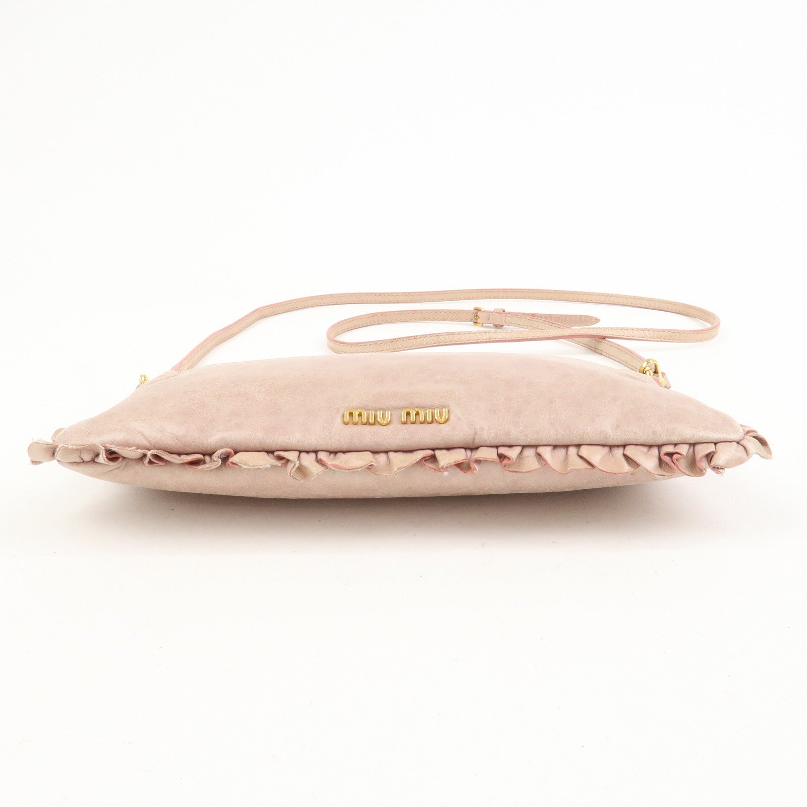MIU MIU Logo Frilled Leather Shoulder Bag Crossbody Bag Pink Beige