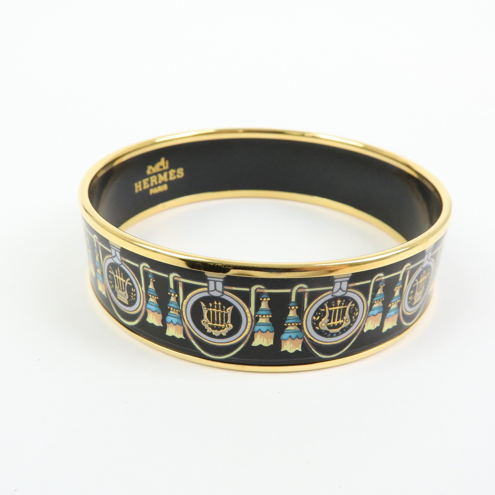 HERMES Email GM Gold Plated Bangle Bracelet Black Gold