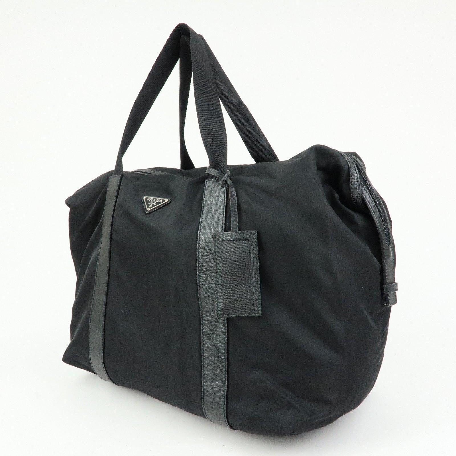 PRADA Triangle Logo Nylon Leather Boston Bag Hand Bag Black