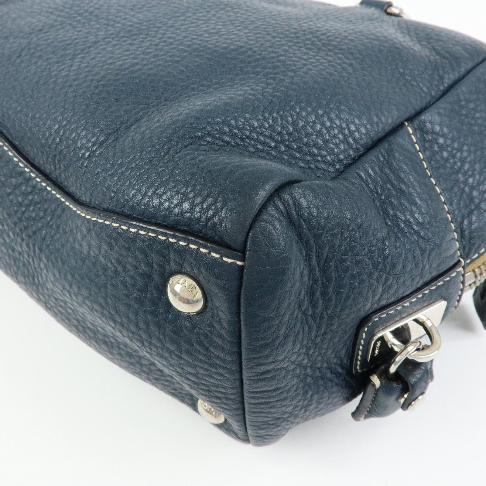 PRADA Calf Leather Boston Bag Shoulder Bag Hand Bag Navy BR3091