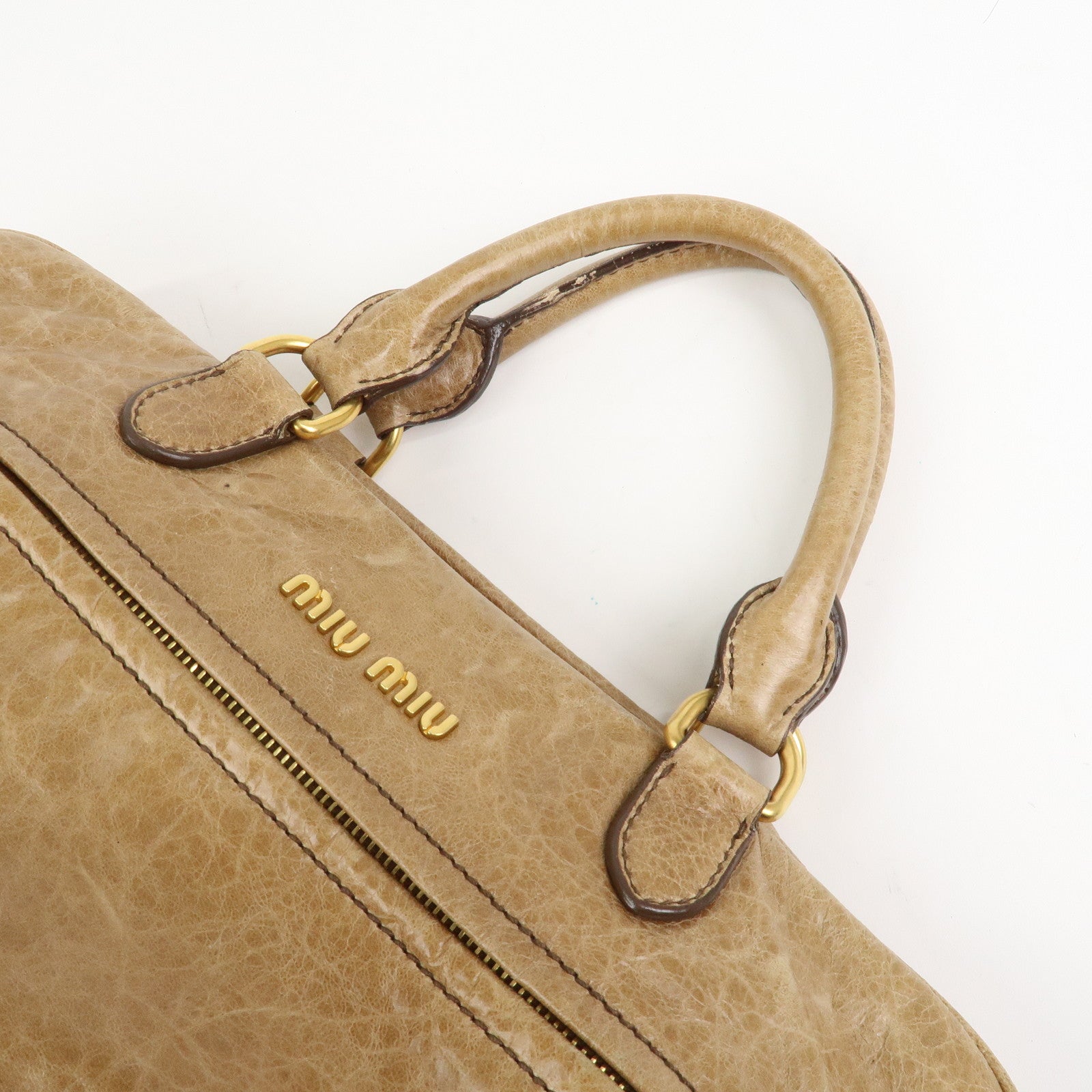 MIU MIU Logo Leather Hand Bag Boston Bag Light Brown