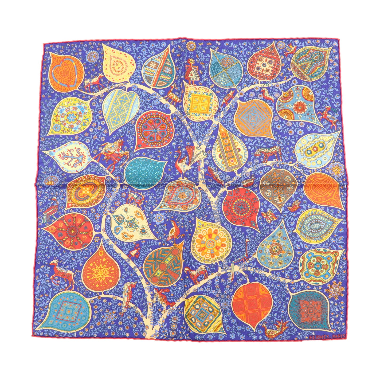 HERMES Carre 45 Silk 100% LArbre devie Scarf Blue Red Muticolor