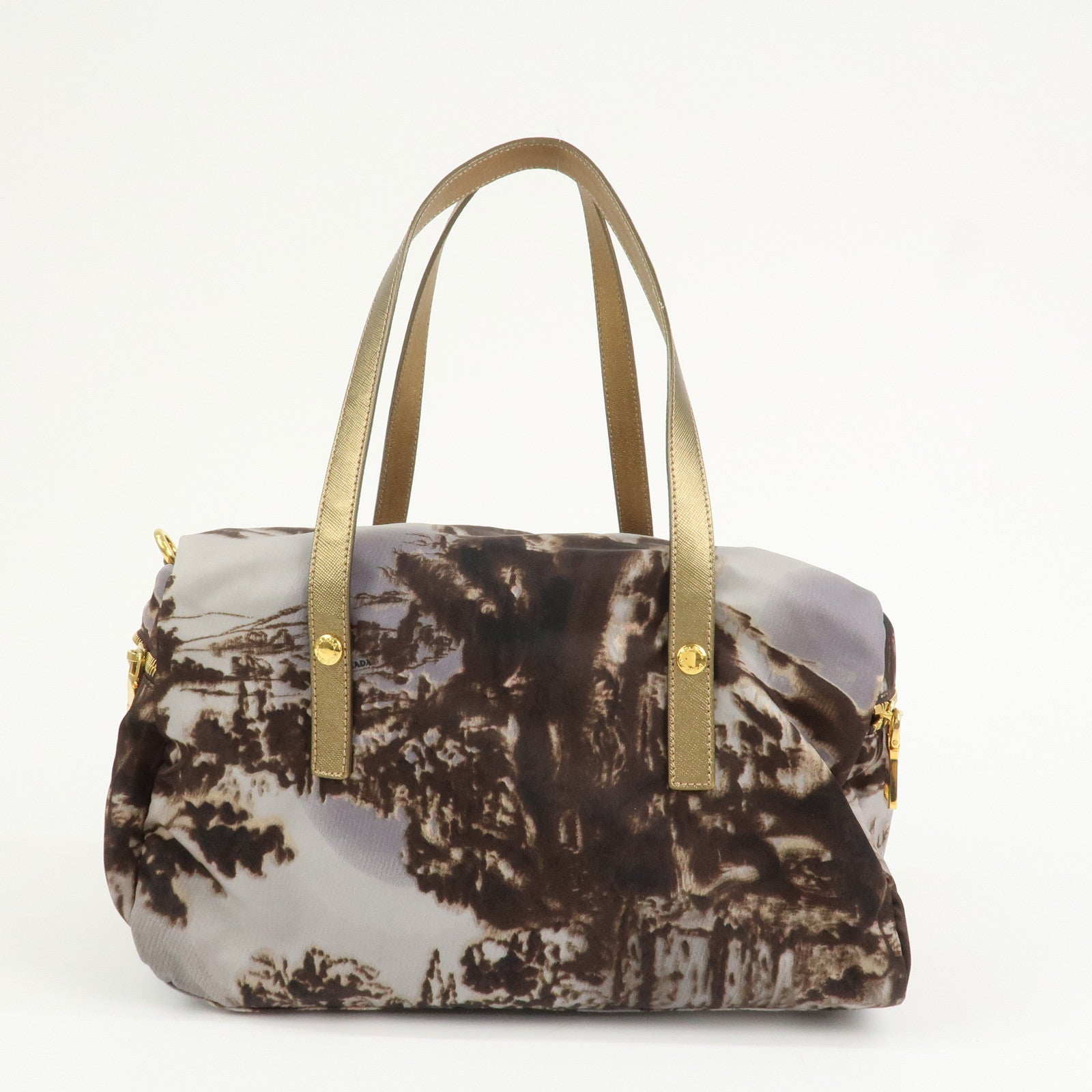 PRADA Logo Nylon Leather Boston Bag Shoulder Bag Gray Gold BL0567