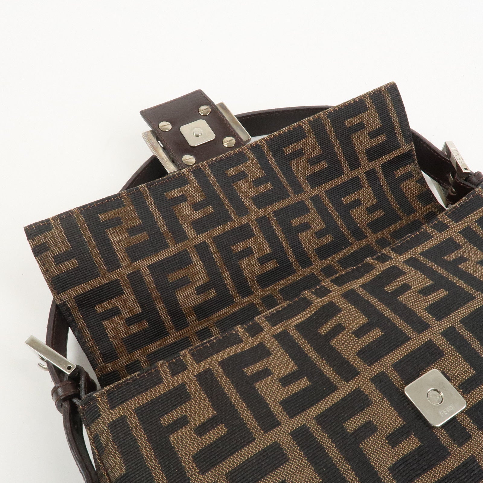 FENDI Zucca Mamma Baguette Canvas Leather Shoulder Bag Brown 26424