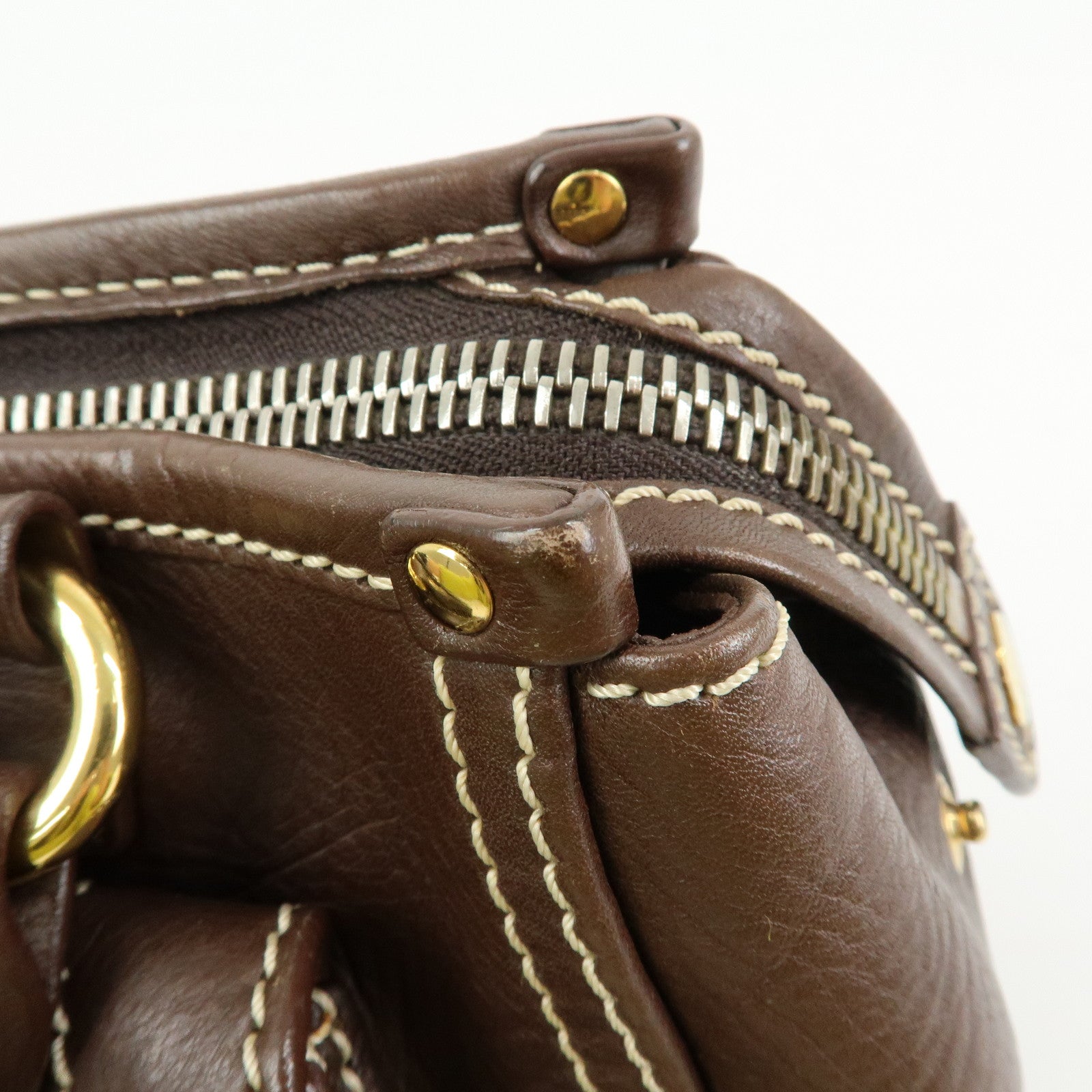 CELINE Logo Leather Hand Bag Mini Boston Bag Dark Brown