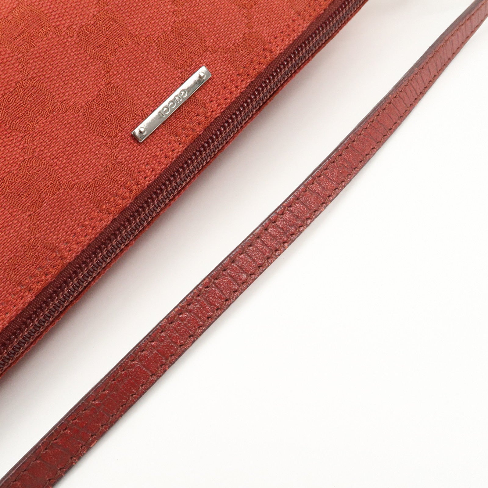 GUCCI Boat Bag GG Canvas Leather Accessory Poach Hand Bag Red 07198