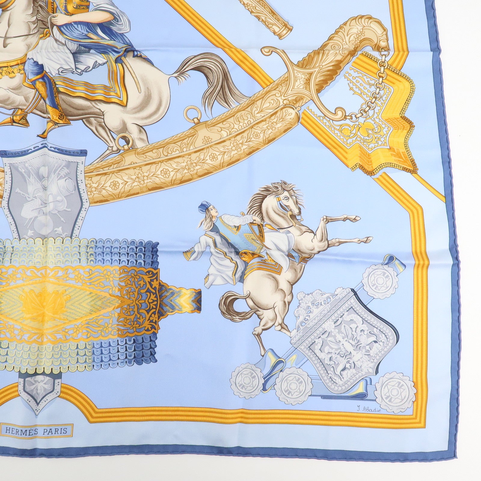 HERMES Carre 90 Silk 100% Scarf Cavaliers ottomans Light Blue Used