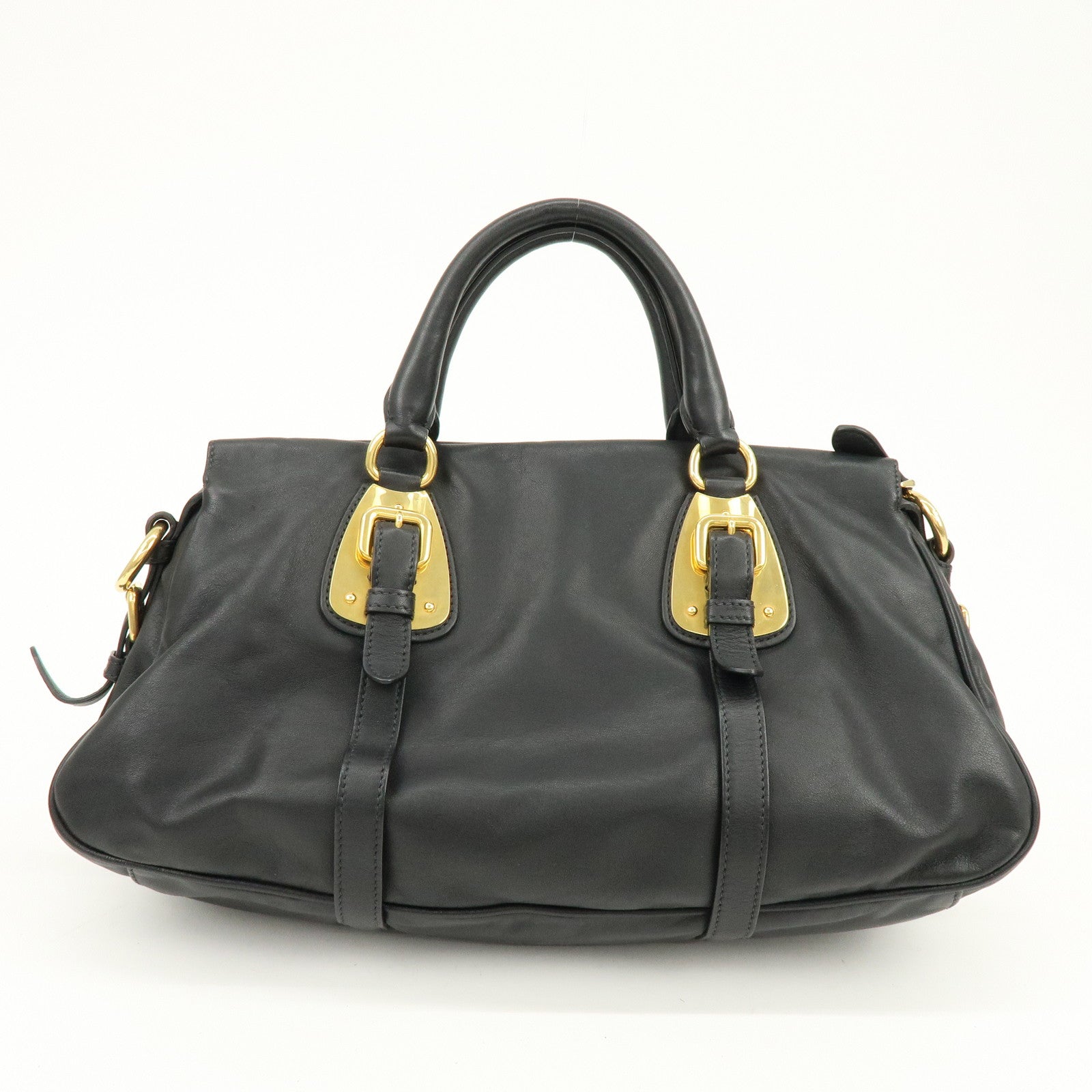 PRADA Logo Leather 2Way Bag Hand Bag Shoulder Bag Black Gold BN1903