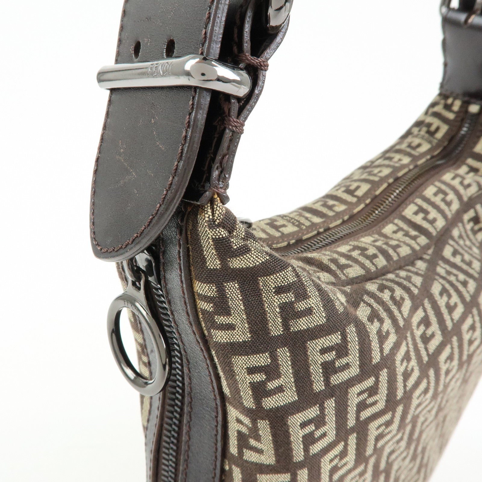 FENDI Zucchino Canvas Leather Shoulder Bag Dark Brown 8BR228