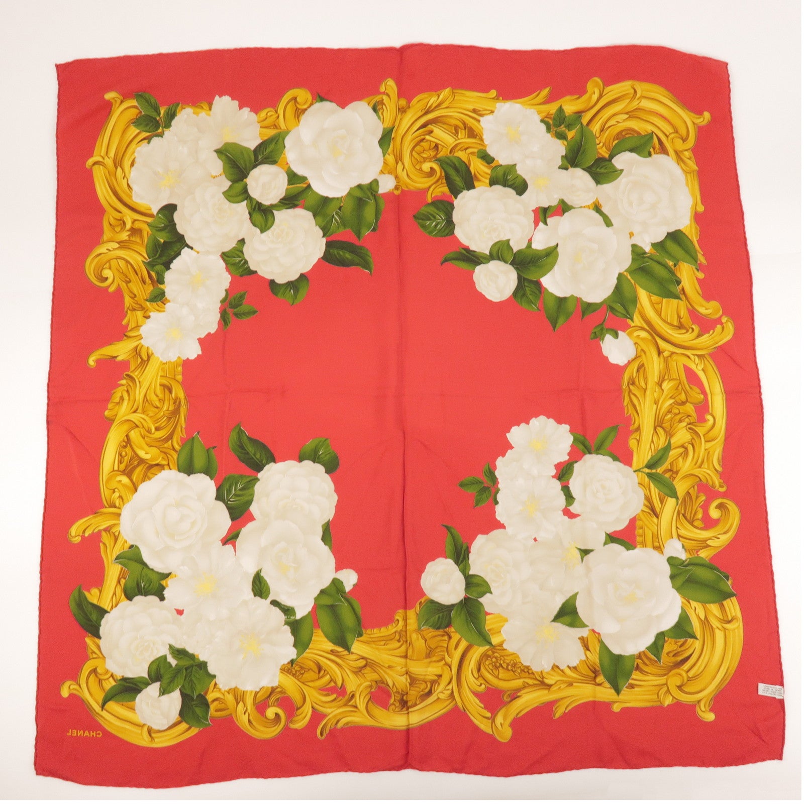 CHANEL Silk 100% Scarf Rose Print Floral Pattern 93x93 Red Gold