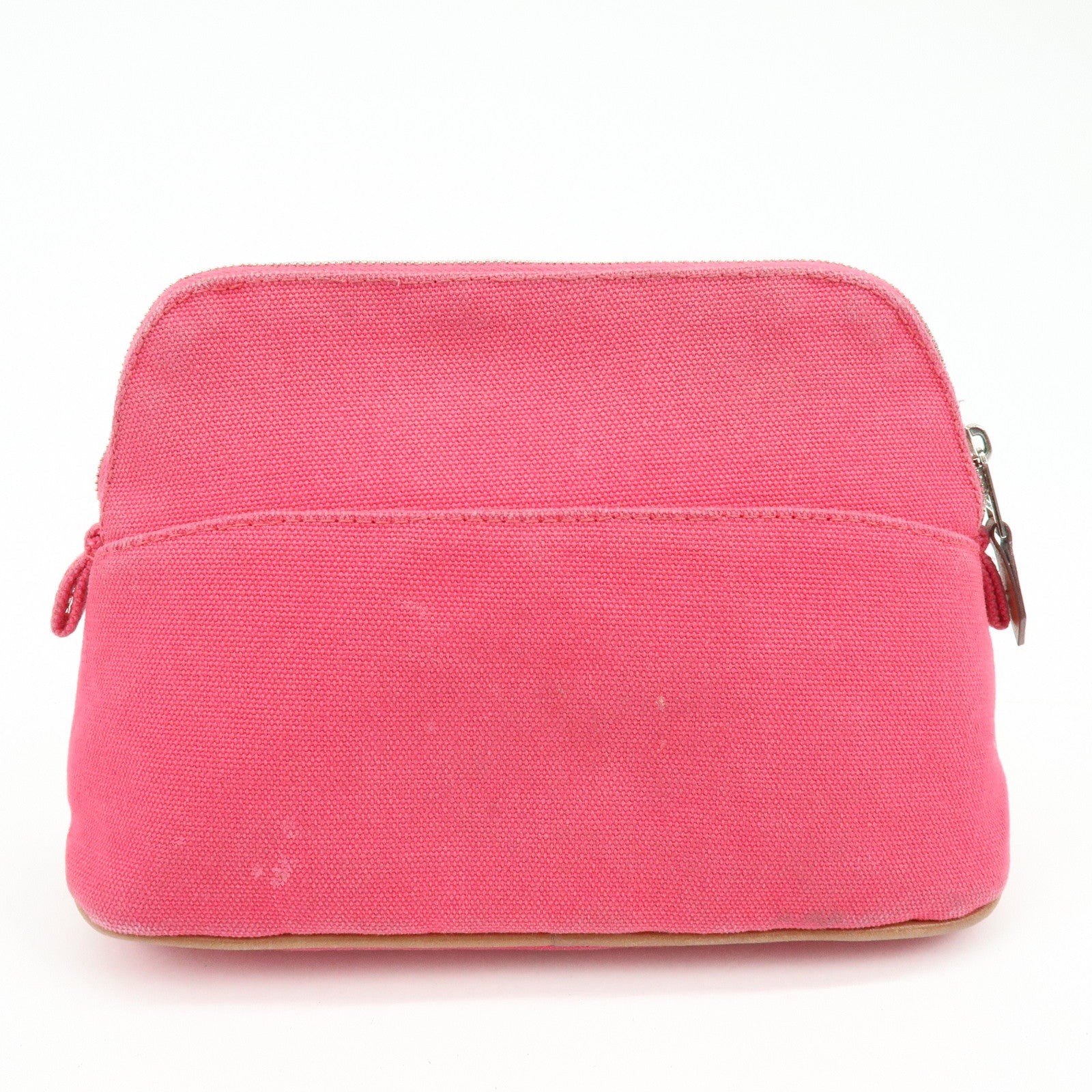 HERMES Bolide Set of 2 Cotton Leather Pouch Cosmetic Case Navy Pink