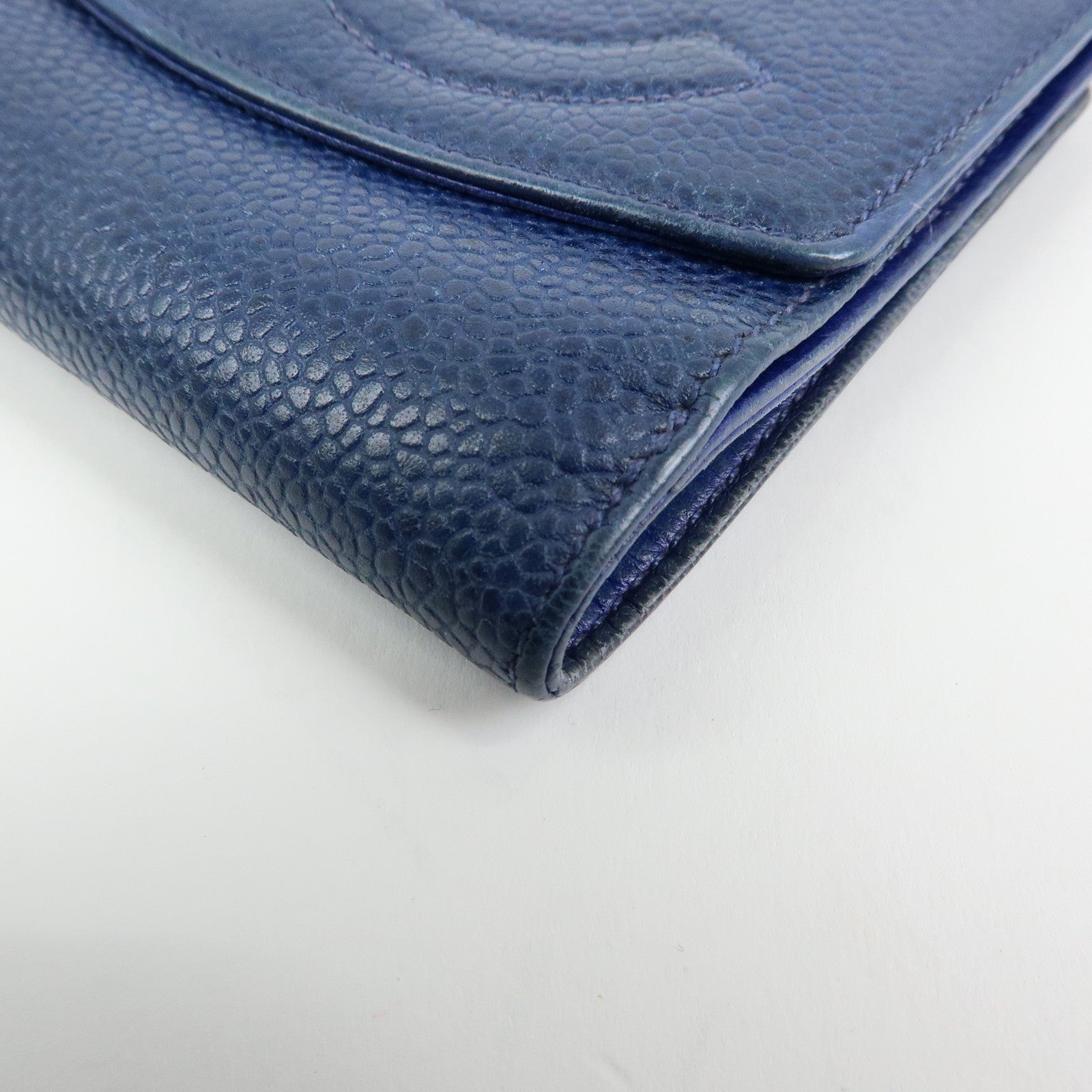 CHANEL COCO Mark Caviarskin W Hook Compact Wallet Navy A01427