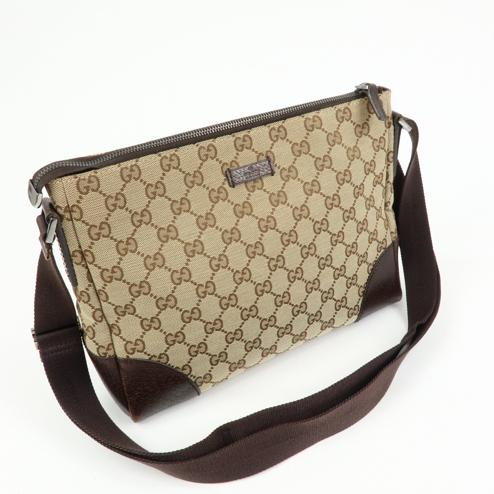 GUCCI GG Canvas Leather Crossbody Shoulder Bag Beige Brown 114273