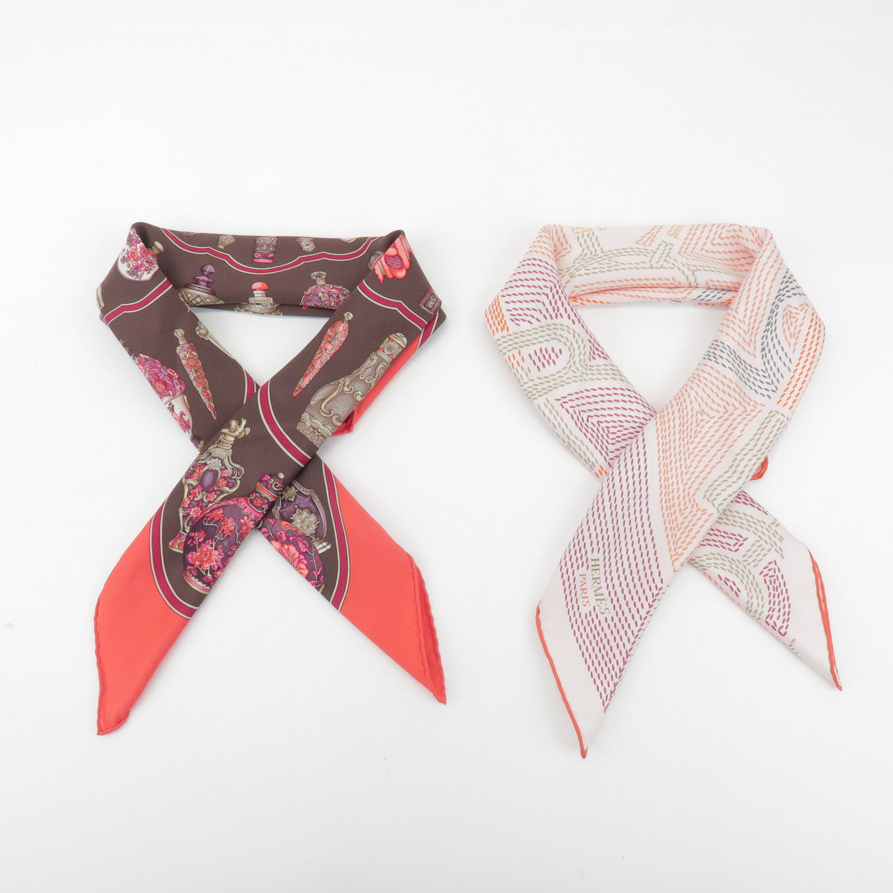 HERMES Carre 70 Silk 100% Set of 2 Scarves Red Pink