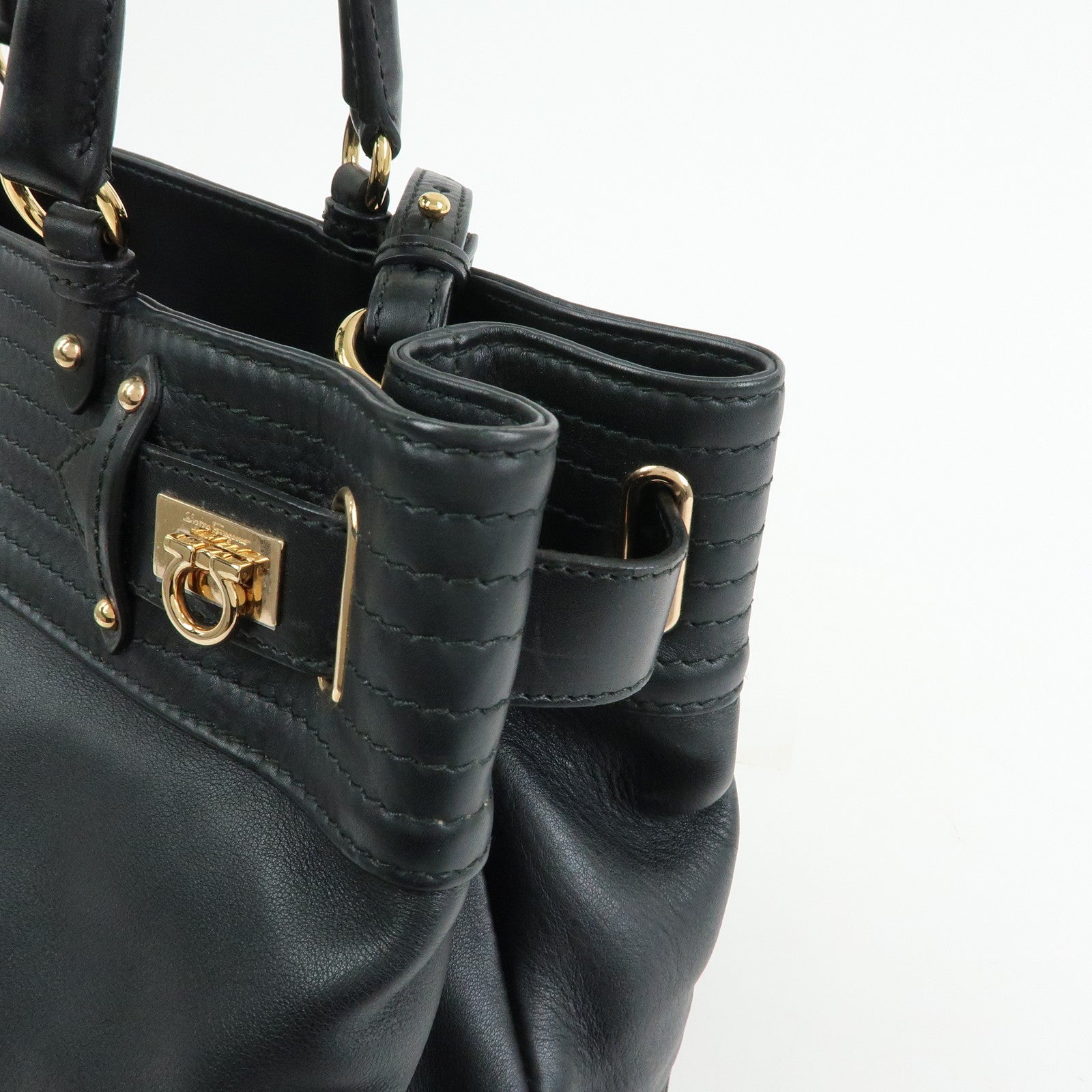 Ferragamo Gancini Leather Tote Bag Hand Bag Black
