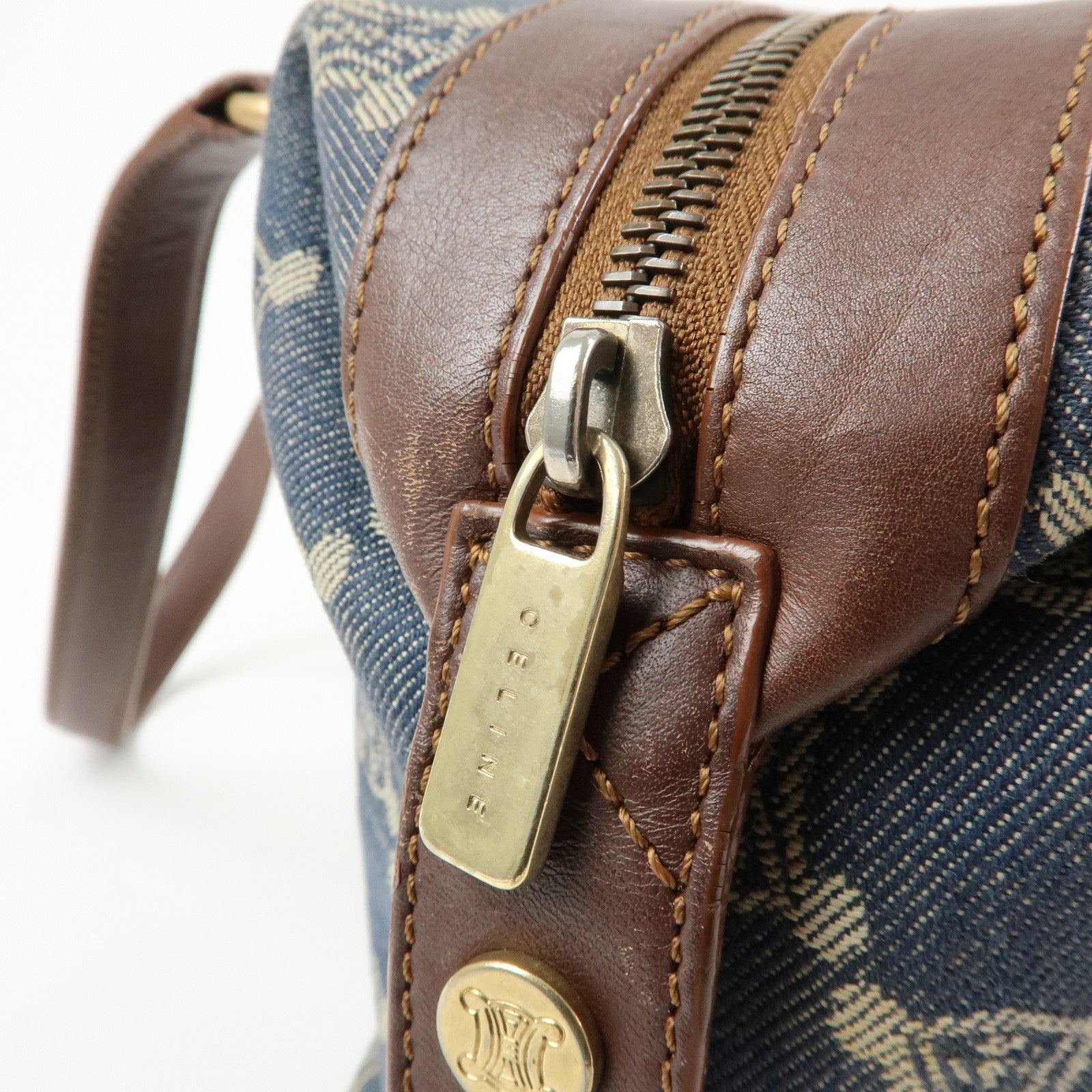 CELINE Macadam Denim Leather Shoulder Bag Hand Bag Blue Brown