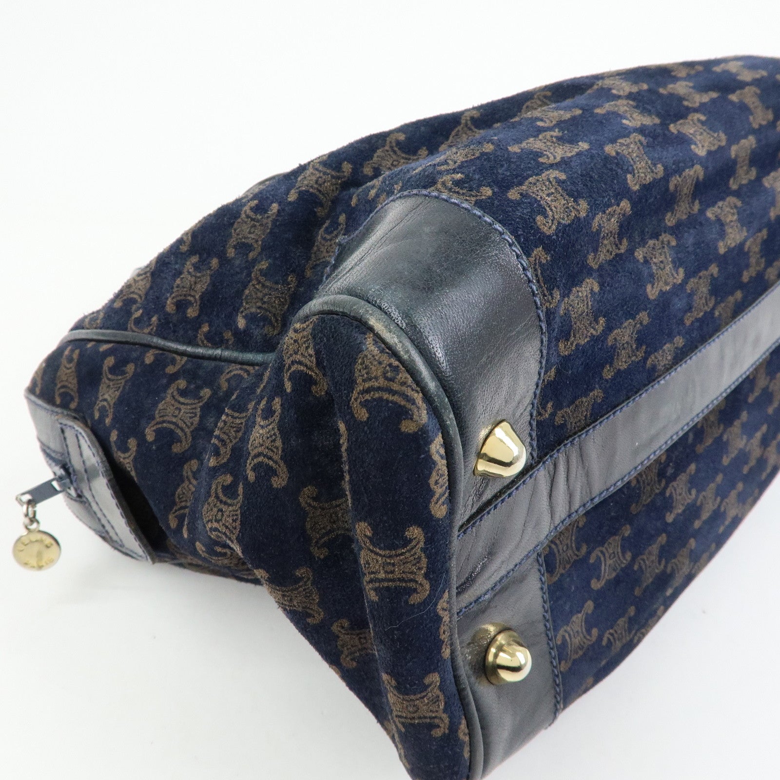 CELINE Macadam Leather Suede Hand Bag Boston Bag Navy
