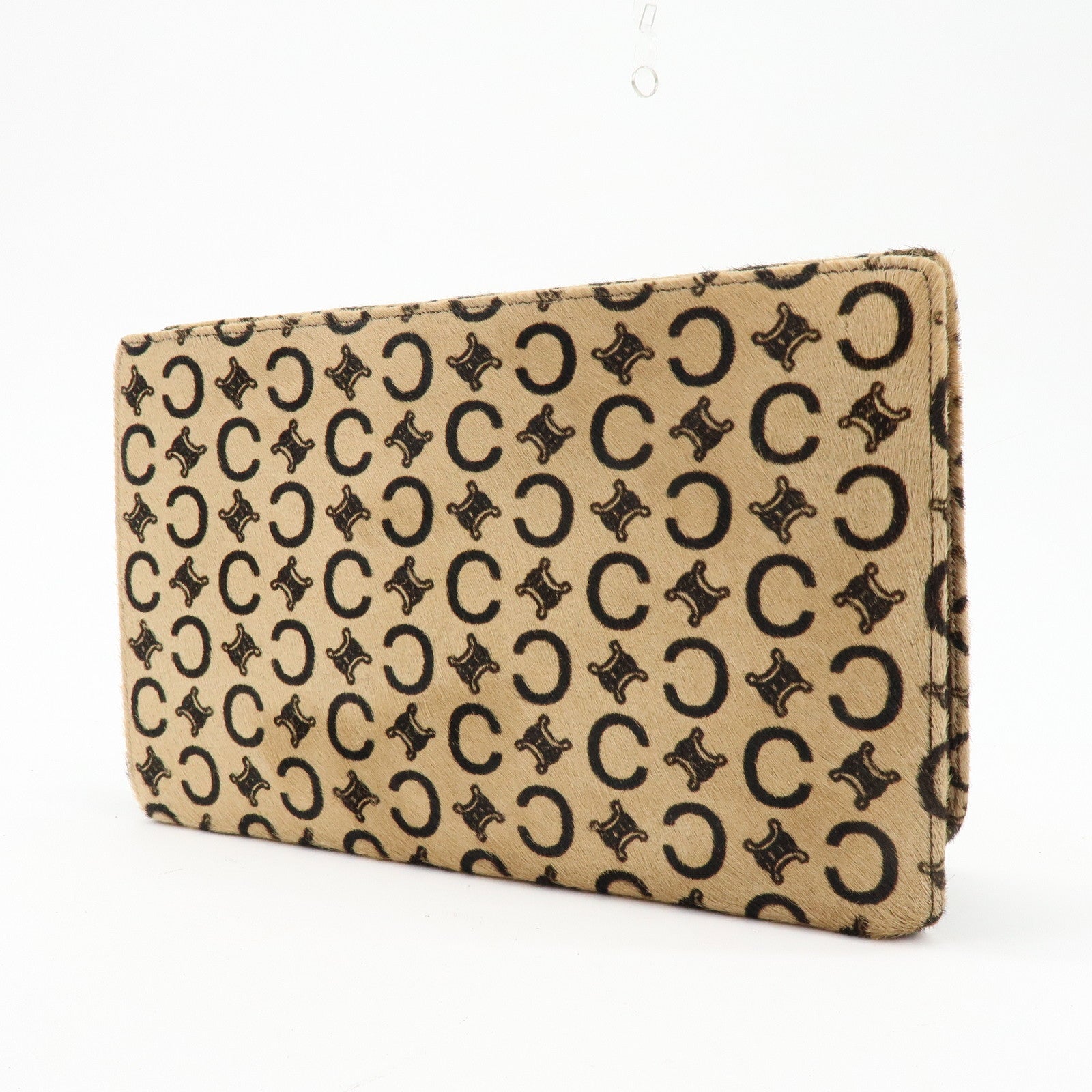 CELINE C Macadam Pony Hair Leather Clutch Bag Pouch Beige Brown