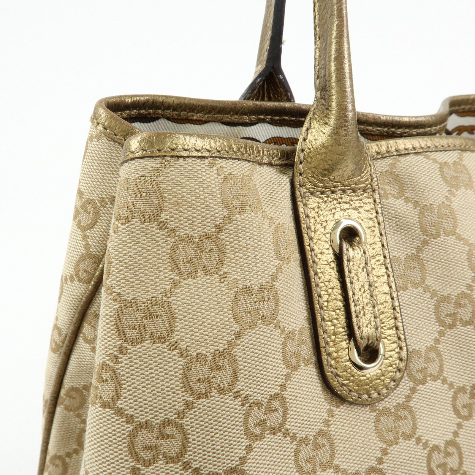 GUCCI Princy GG Canvas Leather Tote Shoulder Bag Beige Gold 163805
