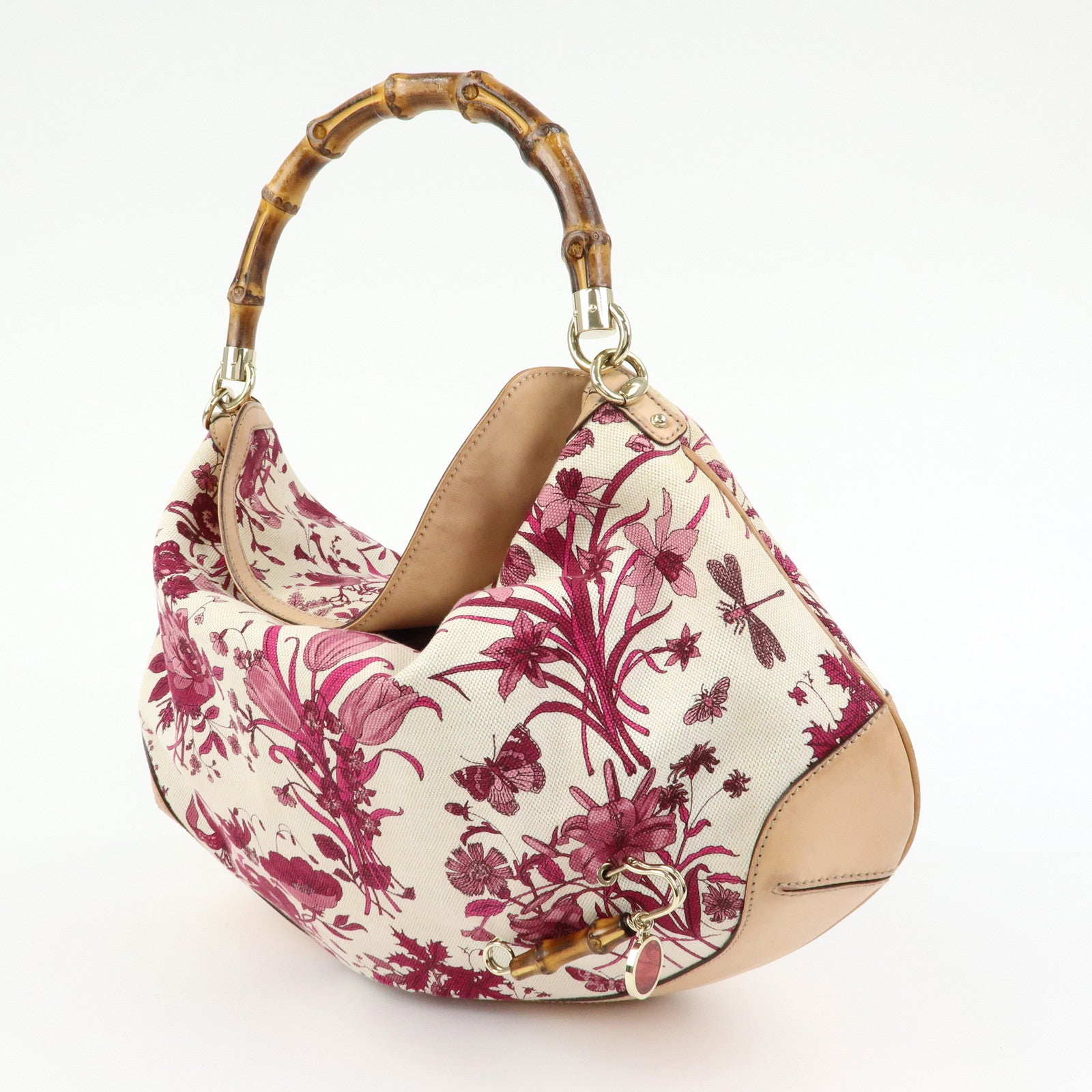 GUCCI Bamboo Flora Canvas Leather 2Way Shoulder Bag Pink 169976