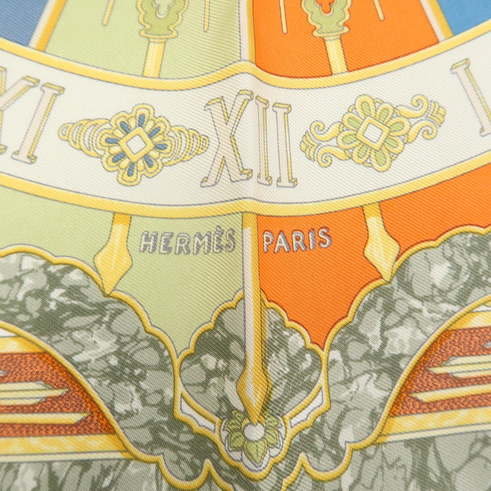 HERMES Carre 40 Silk 100% Scarf CARPE DIEM Clock Print