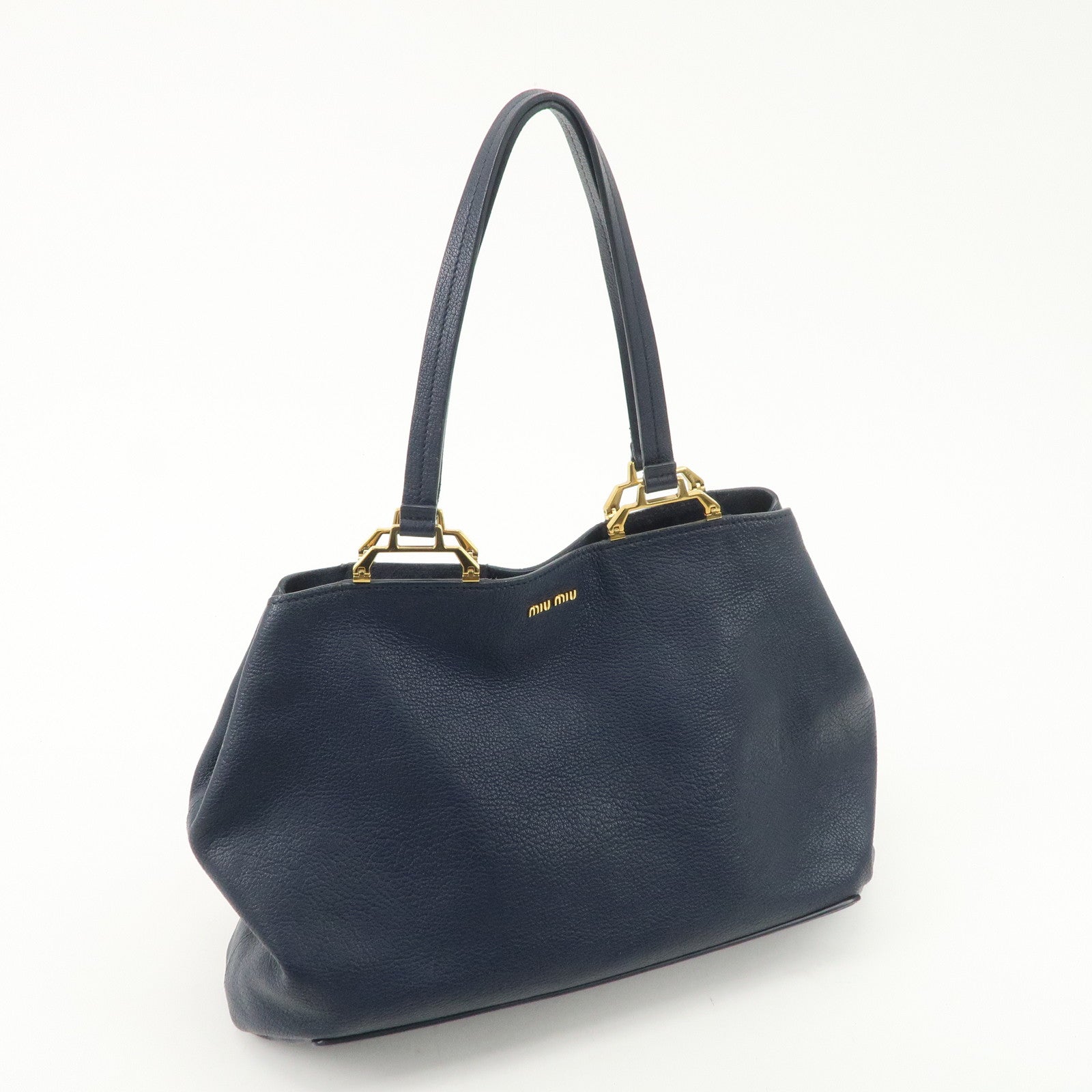 MIUMIU Logo Madras Leather Hand Bag Tote Bag Navy Gold Hardware Used