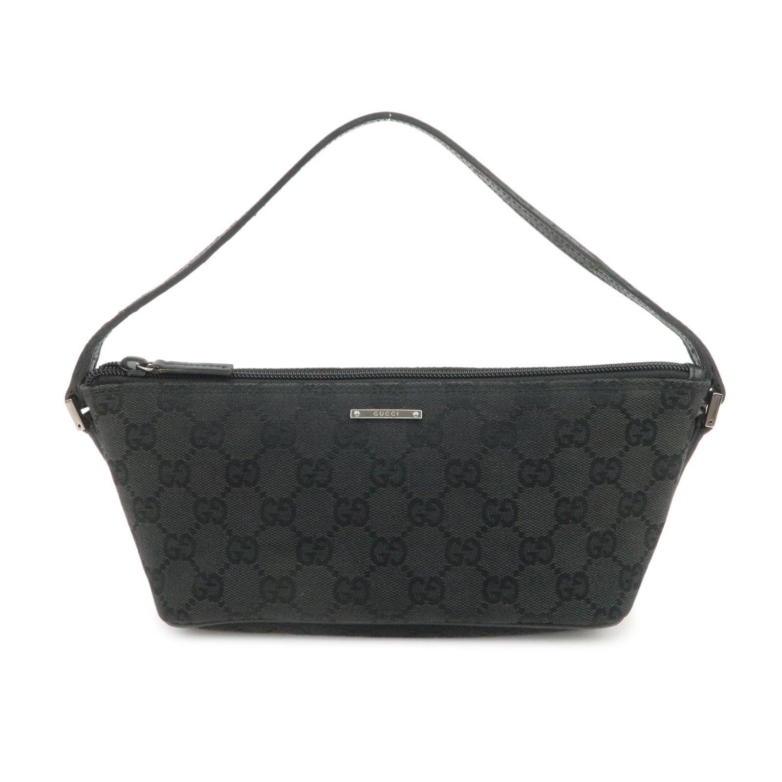 GUCCI Logo GG Canvas Leather Boat Bag Hand Bag Black 07198