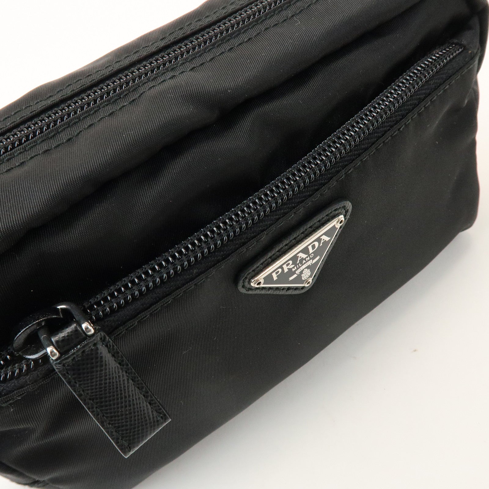 PRADA Triangle Logo Nylon Saffiano Leather Pouch Black 1NA393