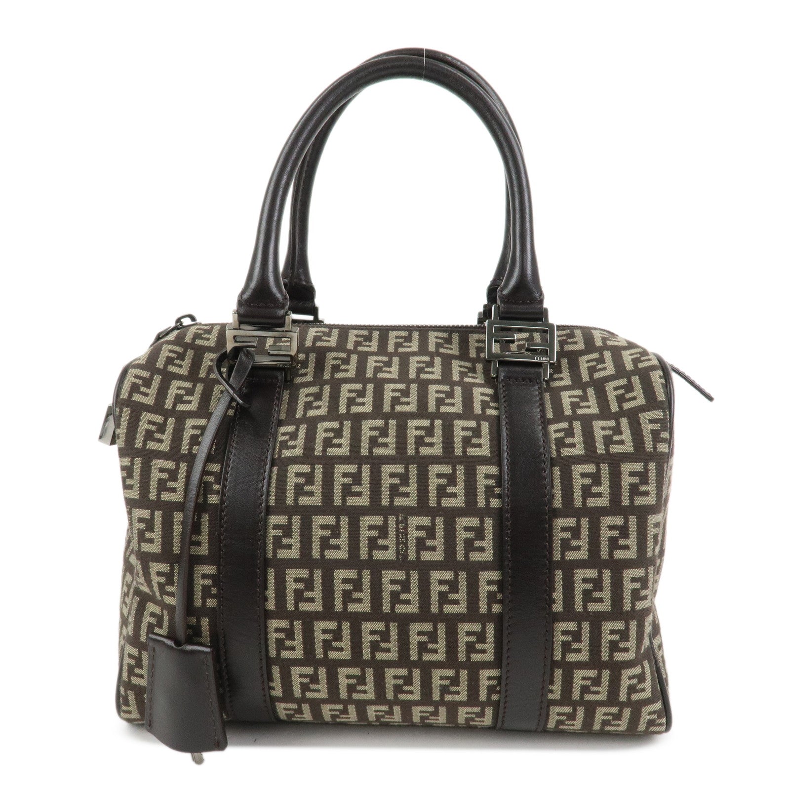 FENDI Zucchino Canvas Leather Hand Bag Boston Bag Brown 8BL068