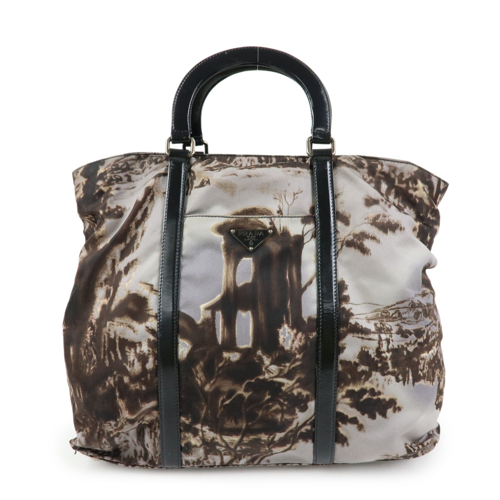 PRADA Triangle Logo Nylon Leather Tote Bag Hand Bag Gray BN2791