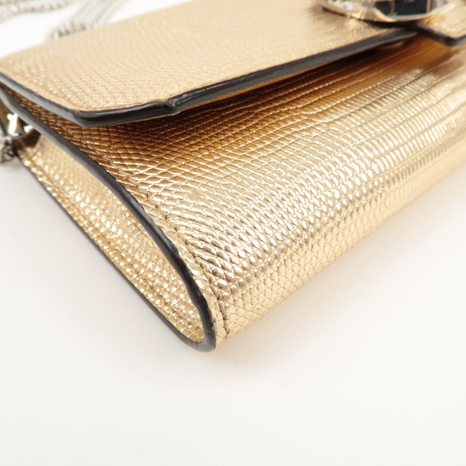 JIMMY CHOO Leather Rhine Stone Chain Wallet Gold Silver HDW Used