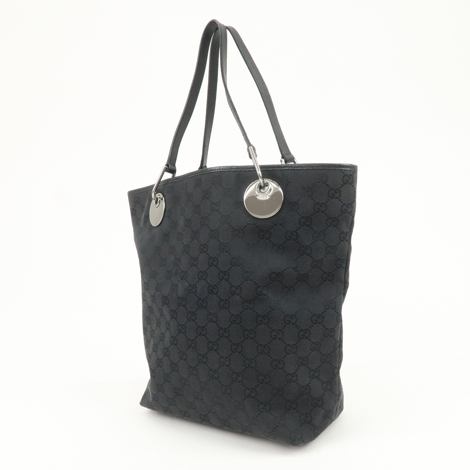 GUCCI Logo GG Canvas Leather Tote Bag Hand Bag Black 120836