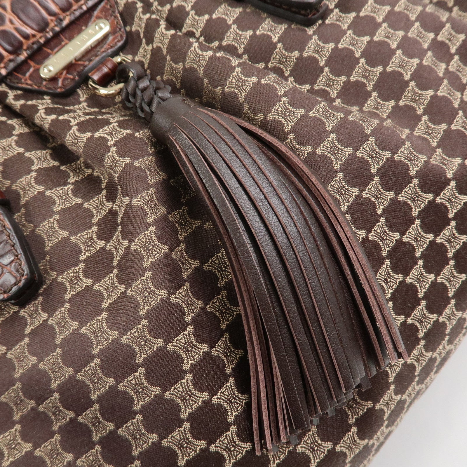 CELINE Macadam Canvas Embossed Leather Shoulder Bag Hand Bag Brown