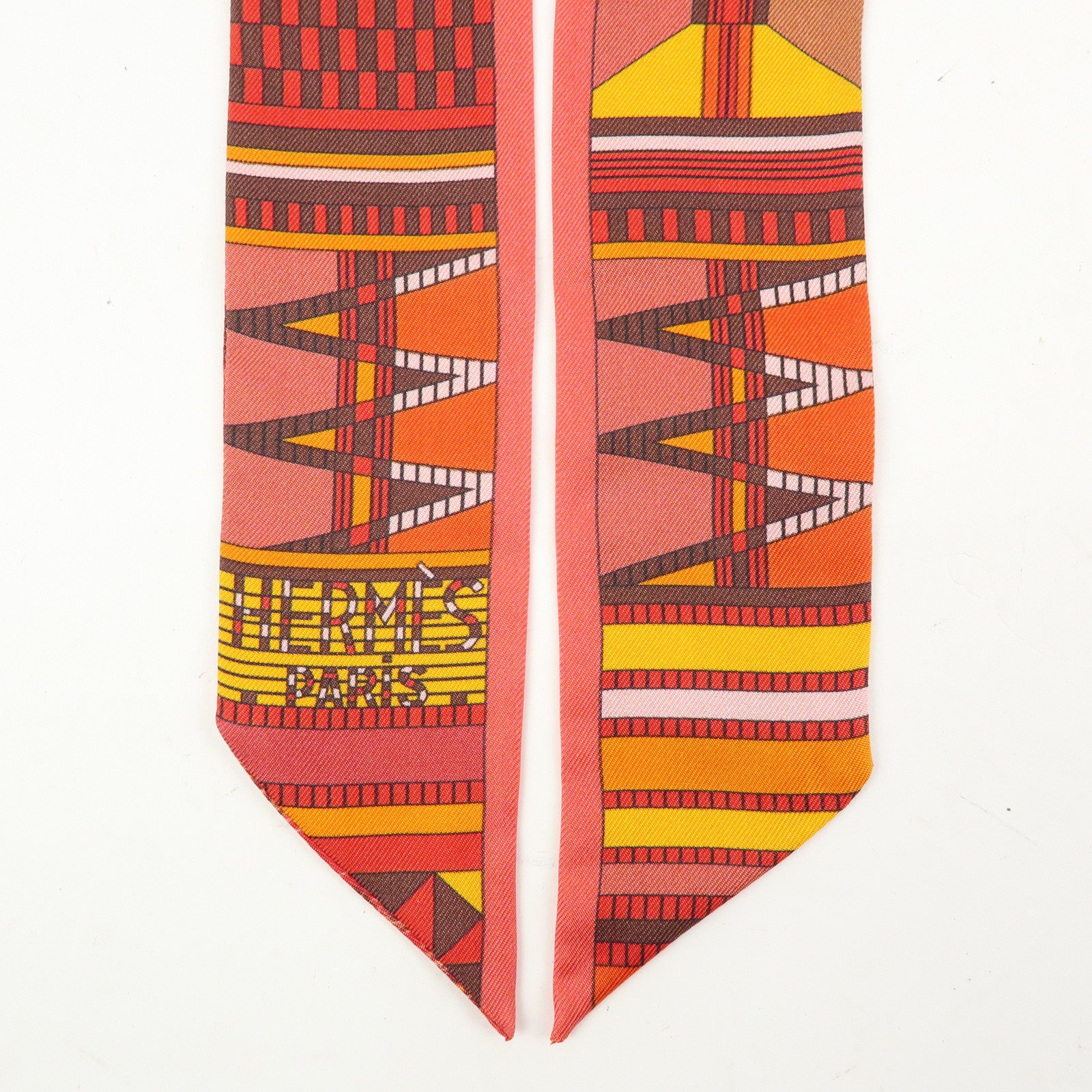 HERMES Twilly Silk 100% Scarf PELAGES ET CAMOUFLAGE Orange Red