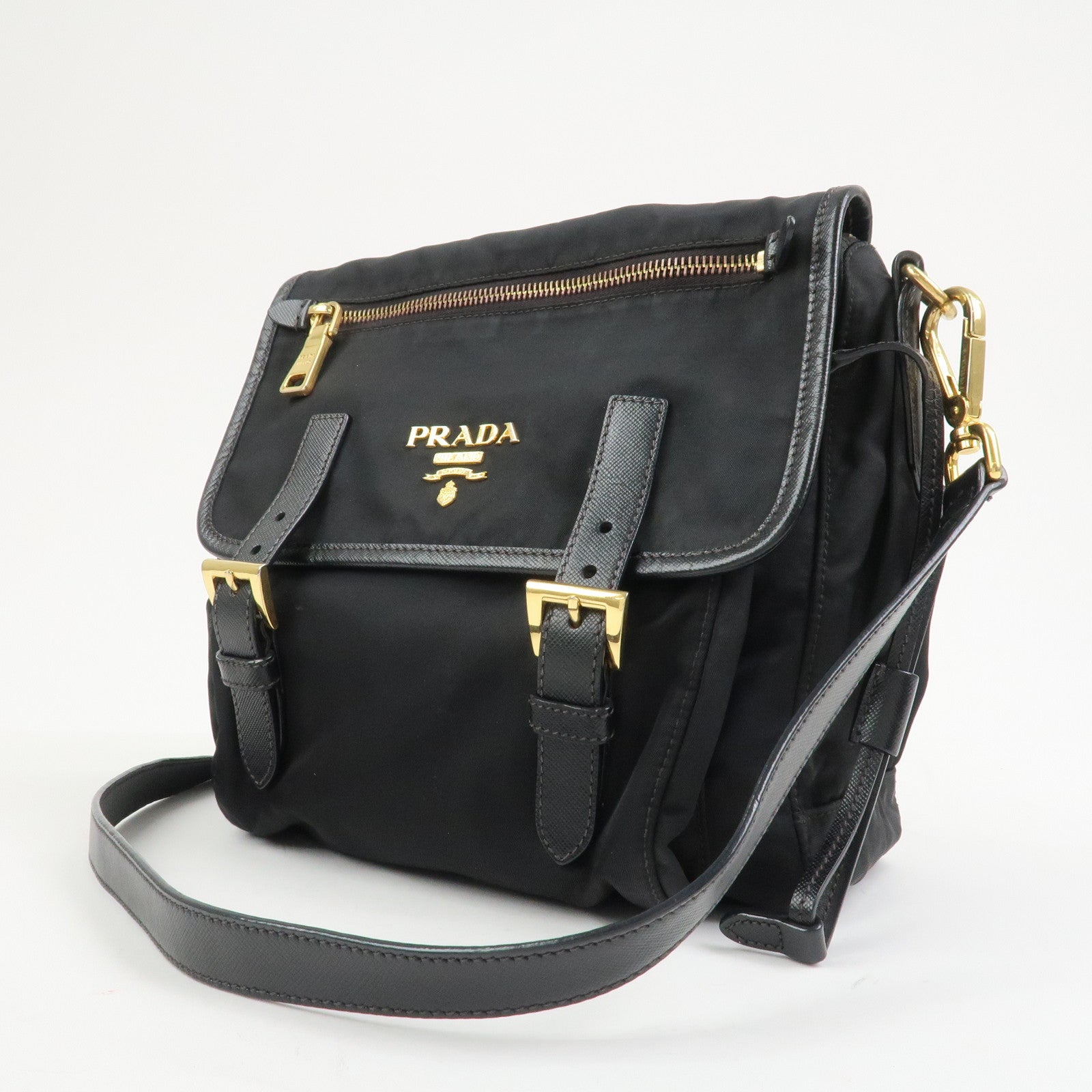 PRADA Logo Nylon Saffiano Leather Shoulder Bag Crossbody Bag Black