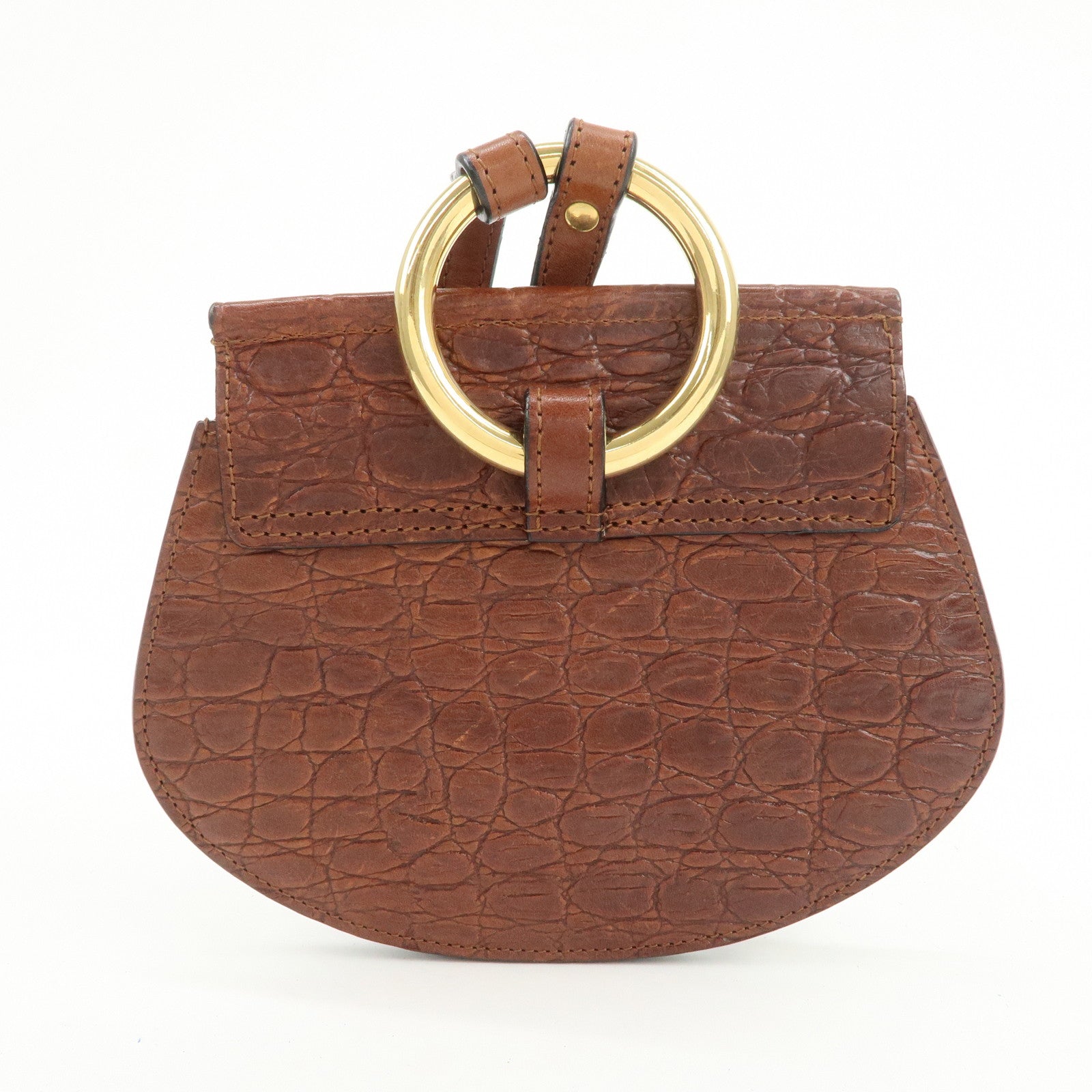 Chloe Logo Embossed Leather Shoulder Bag Hand Bag Brown