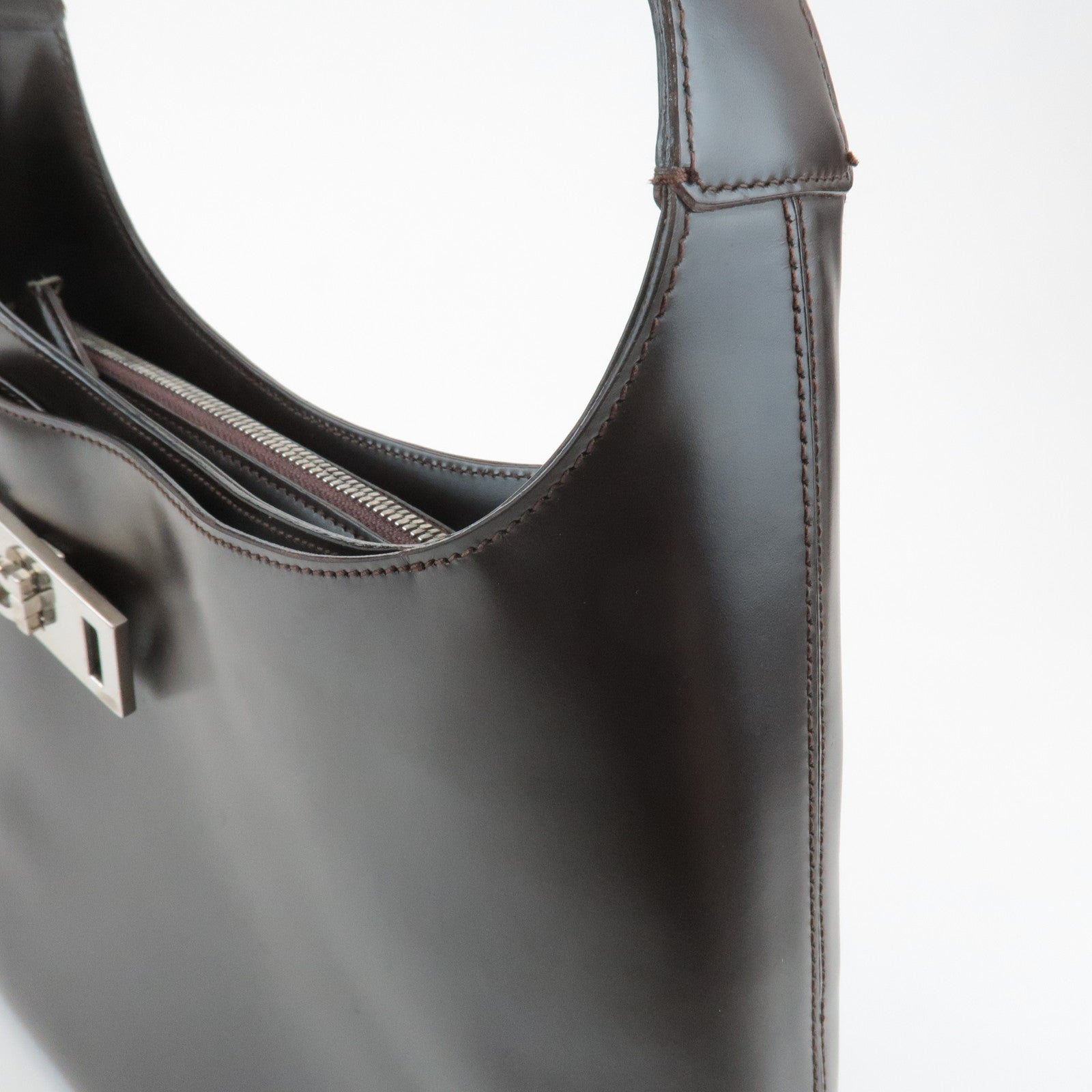 Ferragamo Gancini Leather Shoulder Bag Hand Bag Dark Brown Used