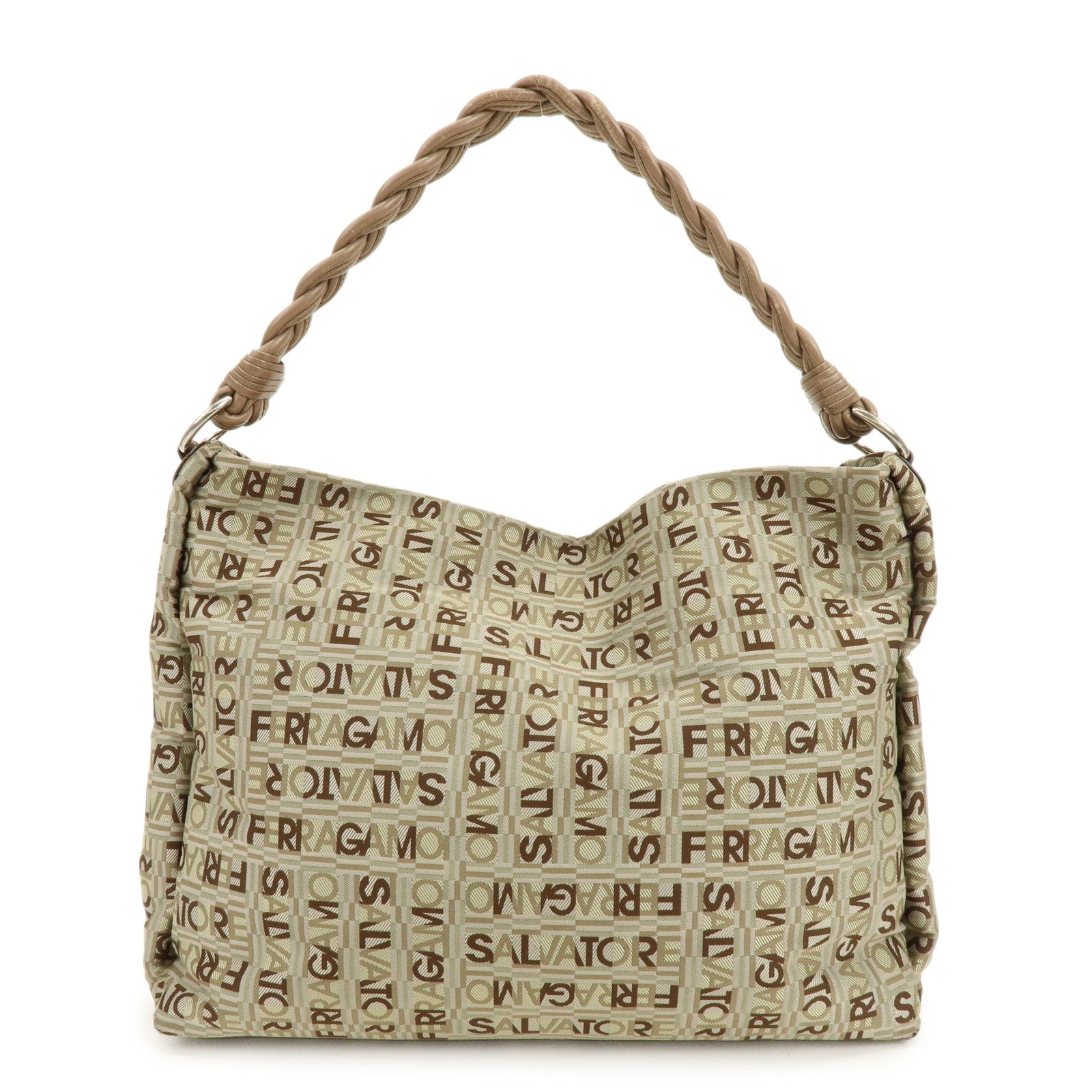 Ferragamo Logo Canvas Leather Shoulder Bag Beige Brown Khaki