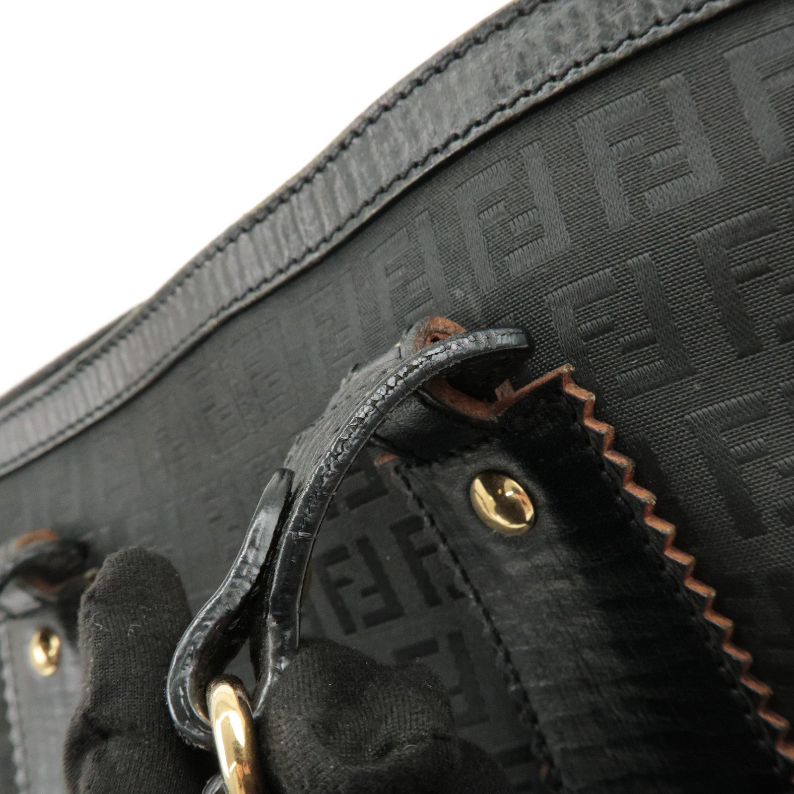 FENDI Zucchino Leather Canvas Tote Bag Hand Bag Black 8BH161 Used