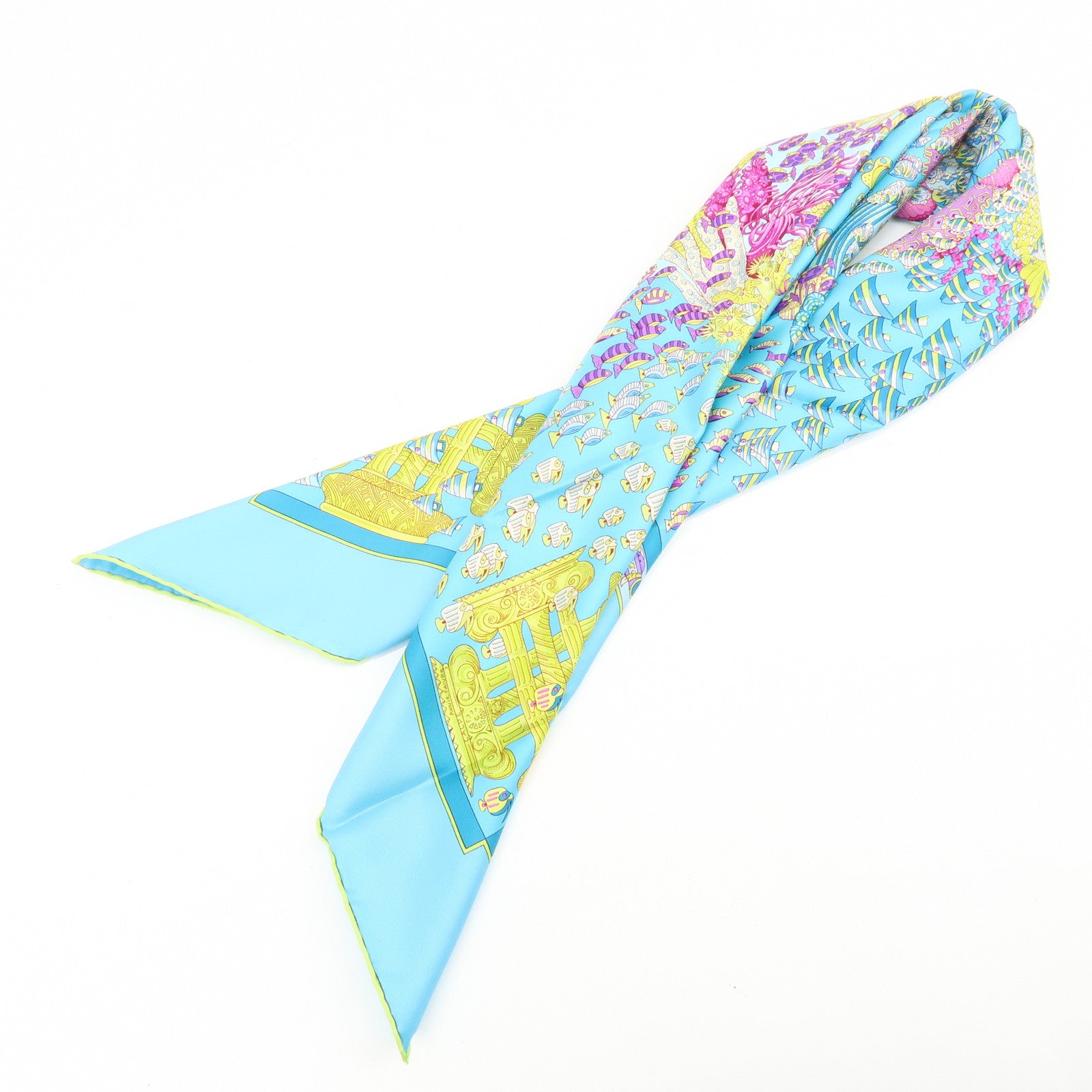 HERMES Carre 90 Silk 100% Scarf RENCONTRE OCEANE Light Blue Yellow