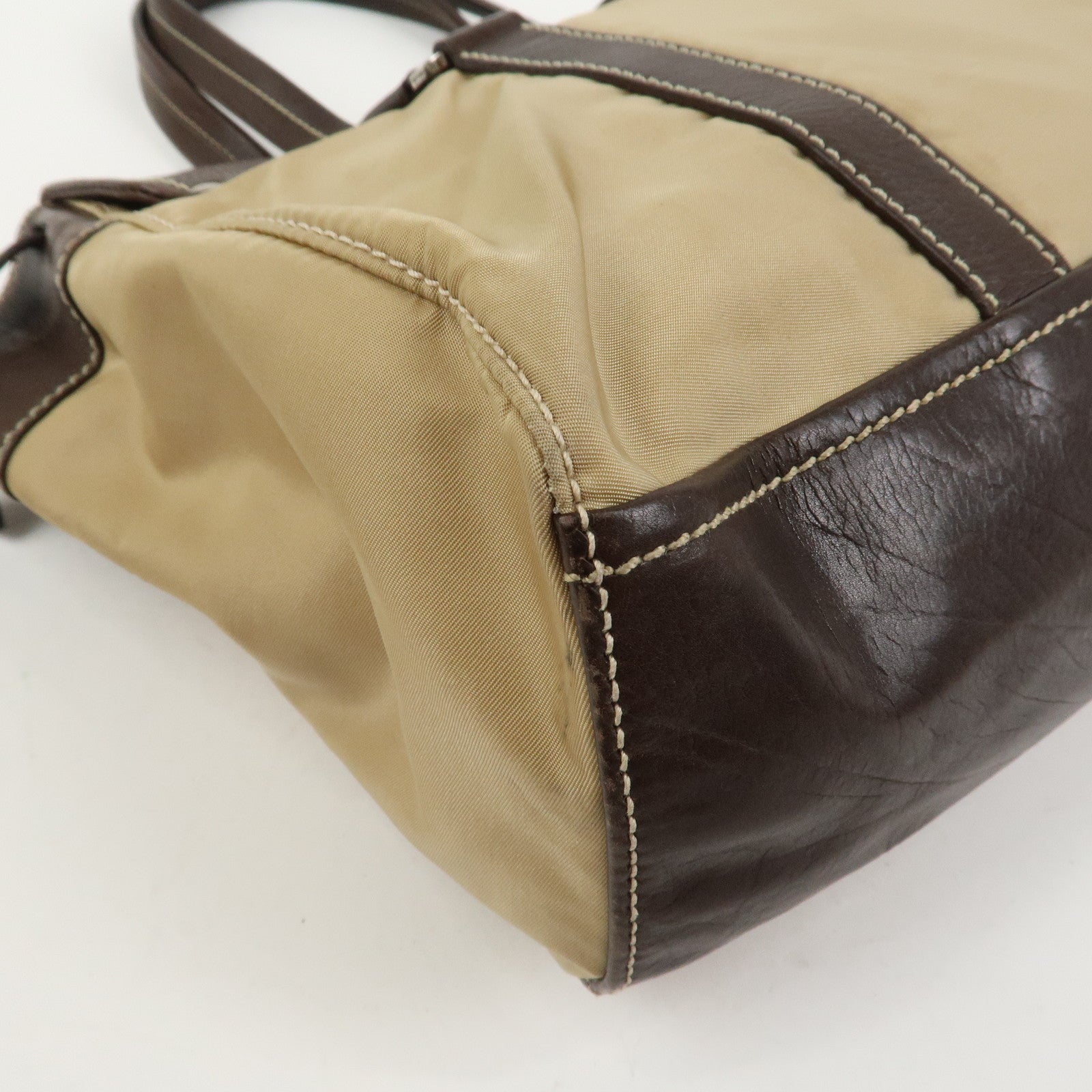 PRADA Triangle Logo Leather Nylon Shoulder Bag Brown BR2418