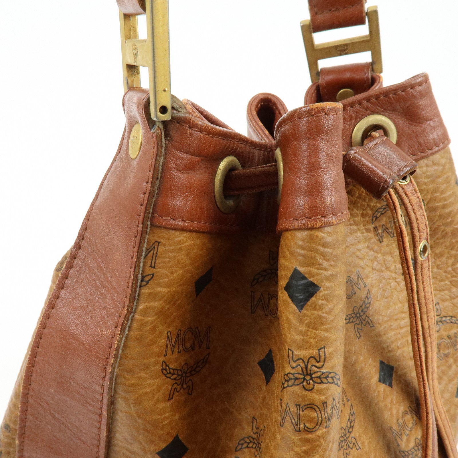 MCM Visetos Leather Drawstring Shoulder Bag Crossbody Bag Brown