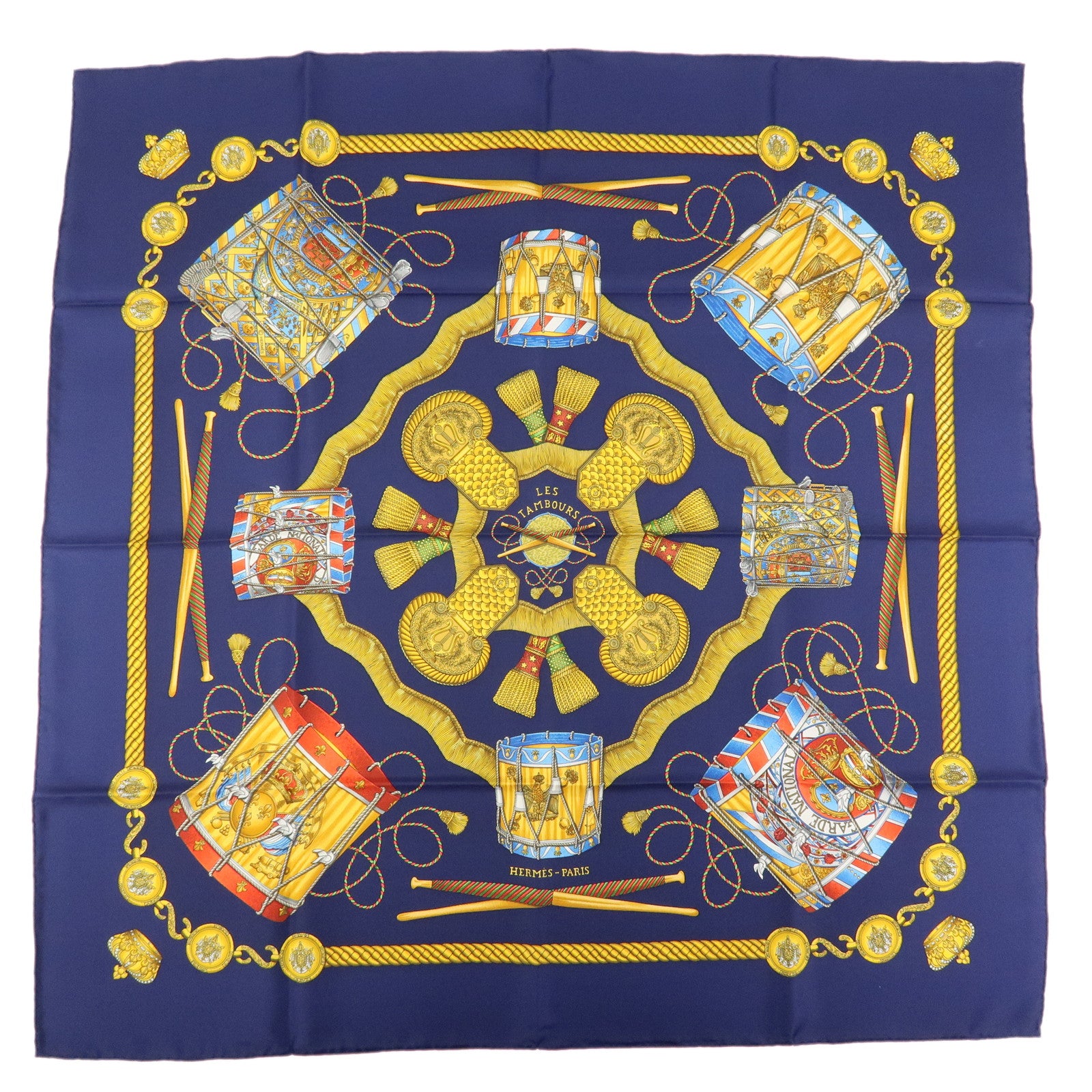 HERMES Carre 90 Silk 100% Scarf  LES TAMBOURS Navy Gold