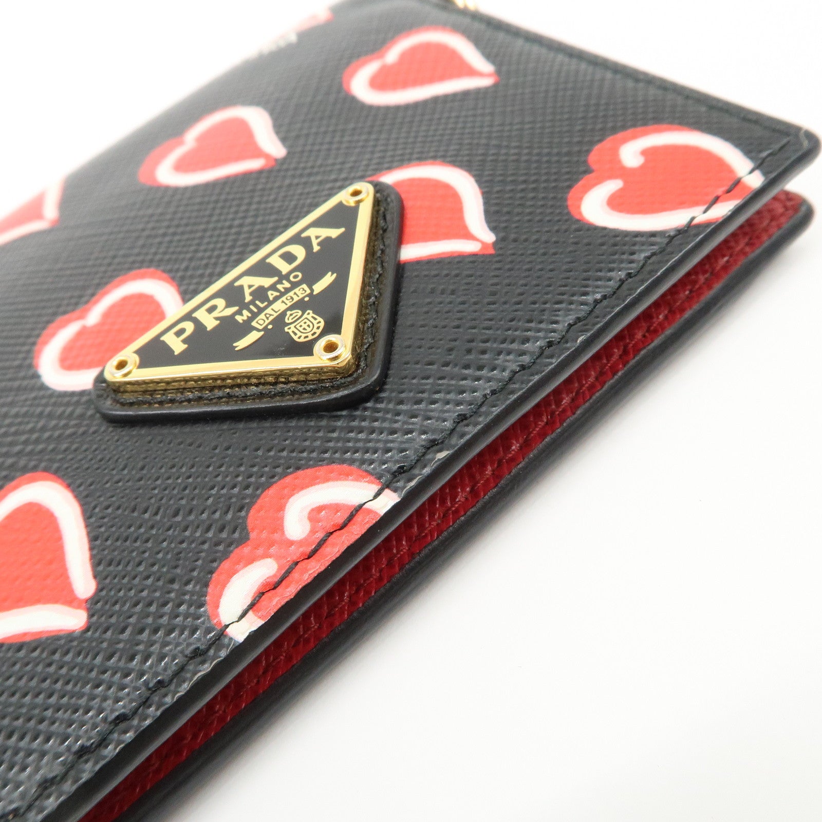 PRADA Saffiano Leather Heart Card Case Pass Case Black Red 1MC006