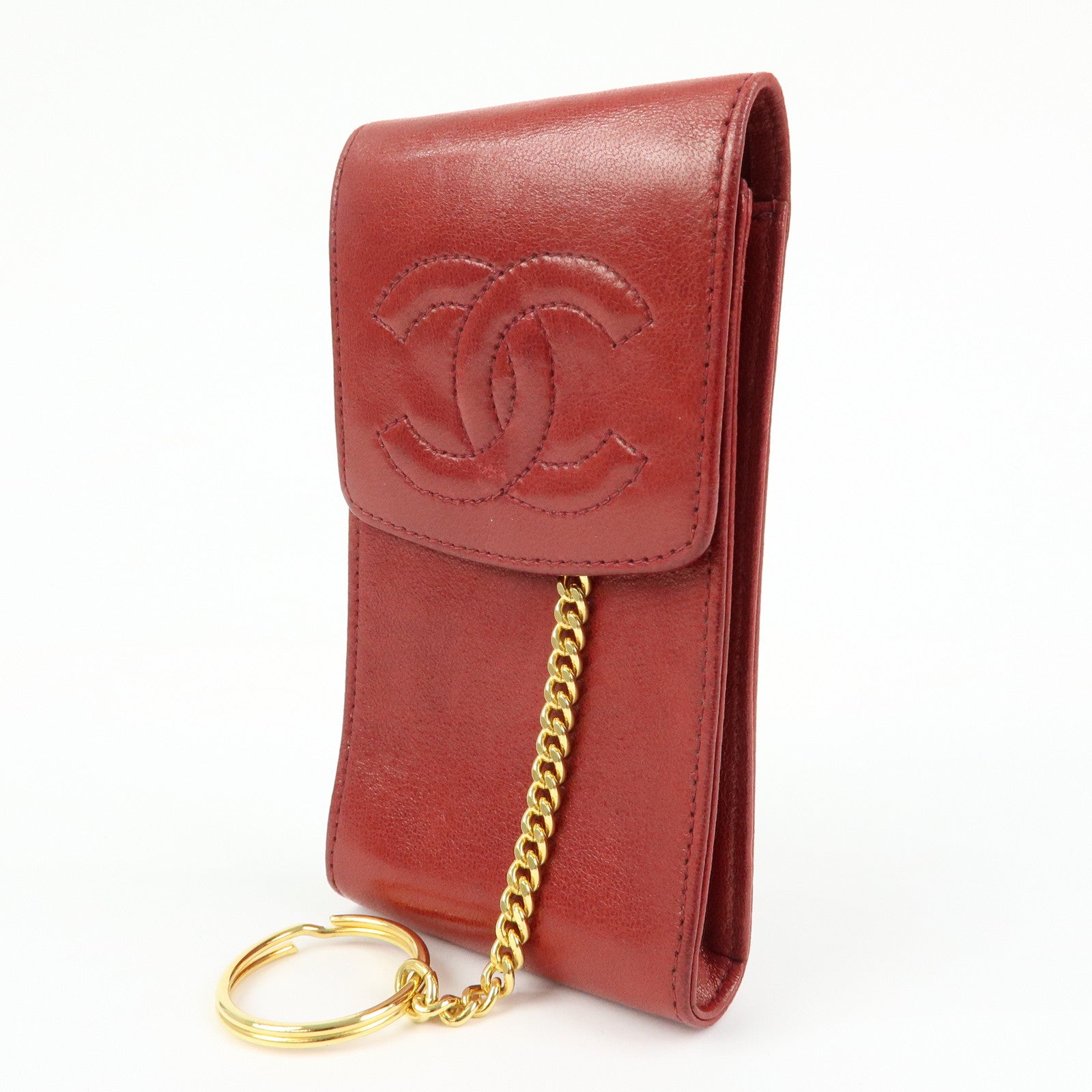 CHANEL COCO Mark Lamb Skin Cigarette Case Key Case Red