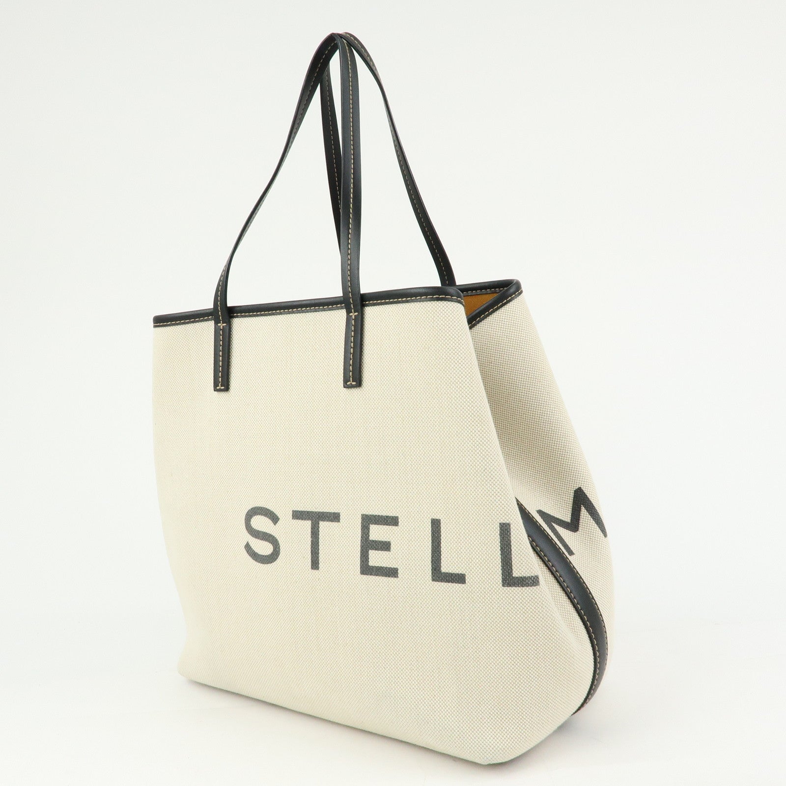 STELLA MCCARTNEY Leather Canvas Tote Bag Shoulder Bag Ecru Black