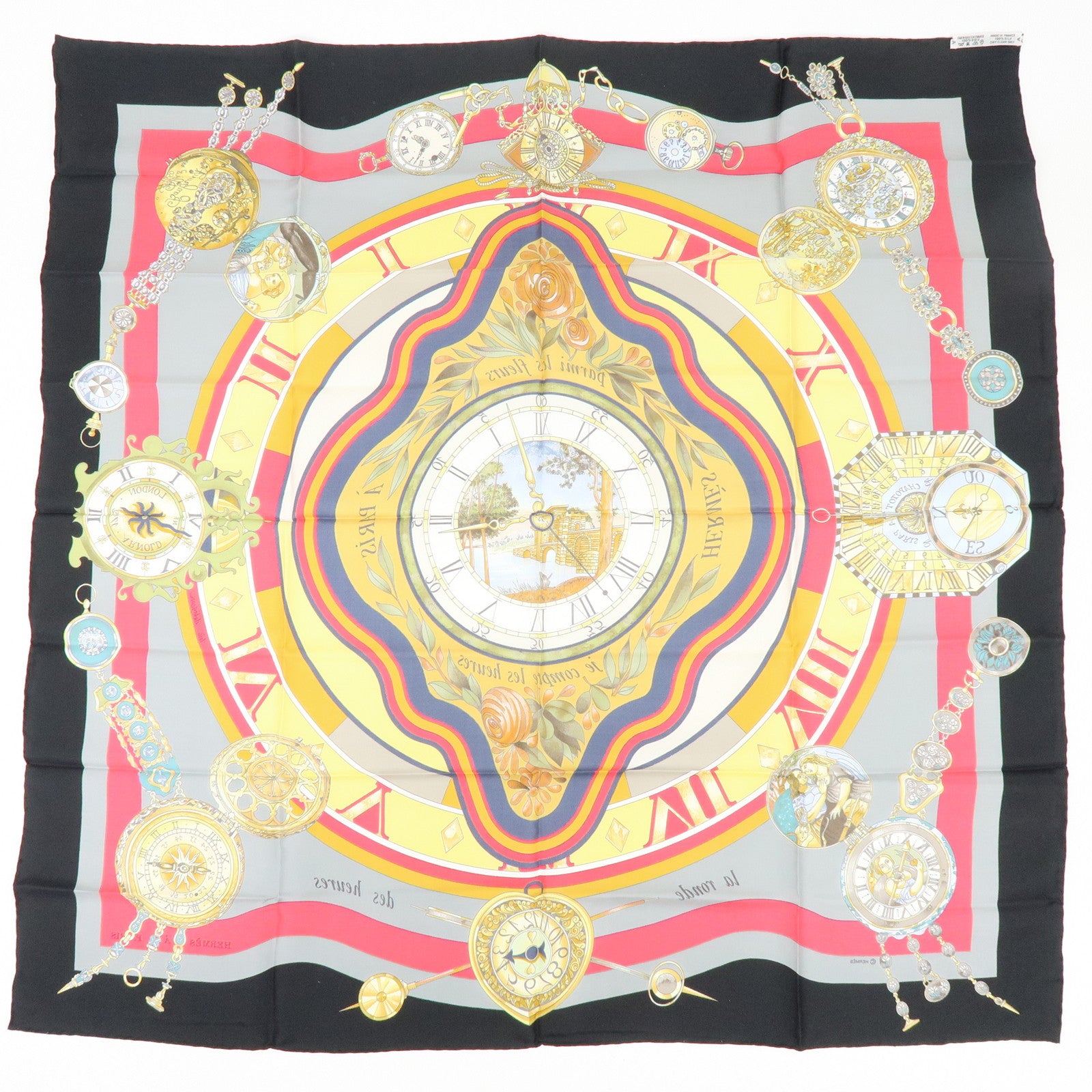 HERMES Carre90 Silk100% Scarf Parmi les fleurs je compte les heures