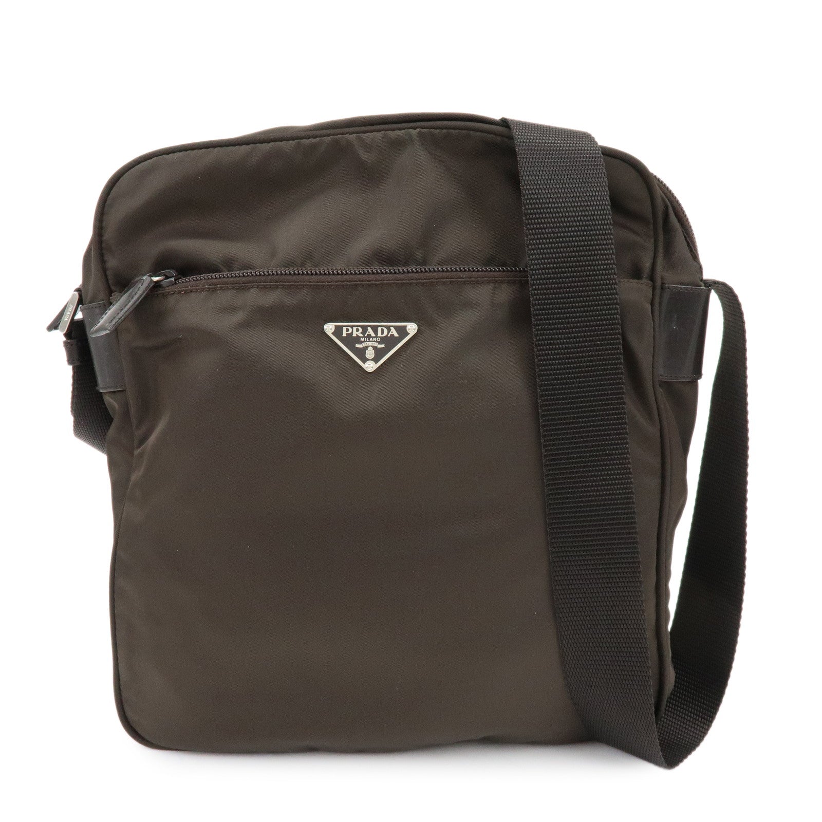 PRADA Triangle Logo Nylon Leather Shoulder Crossbody Bag Brown
